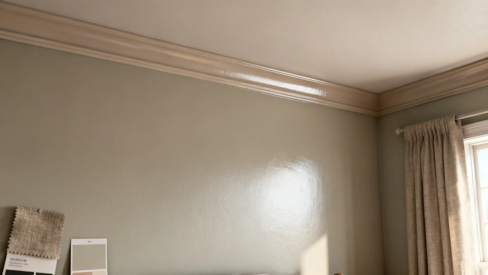 Close-up of matte wall, satin trim and glossy ceiling samples showing varied finishes.