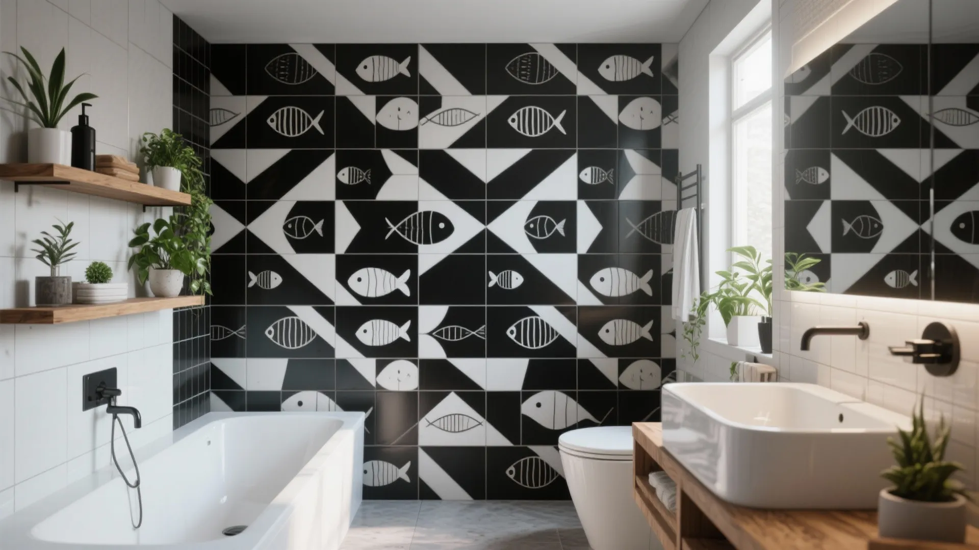 Monochrome Fish Motif for Modern Bathrooms
