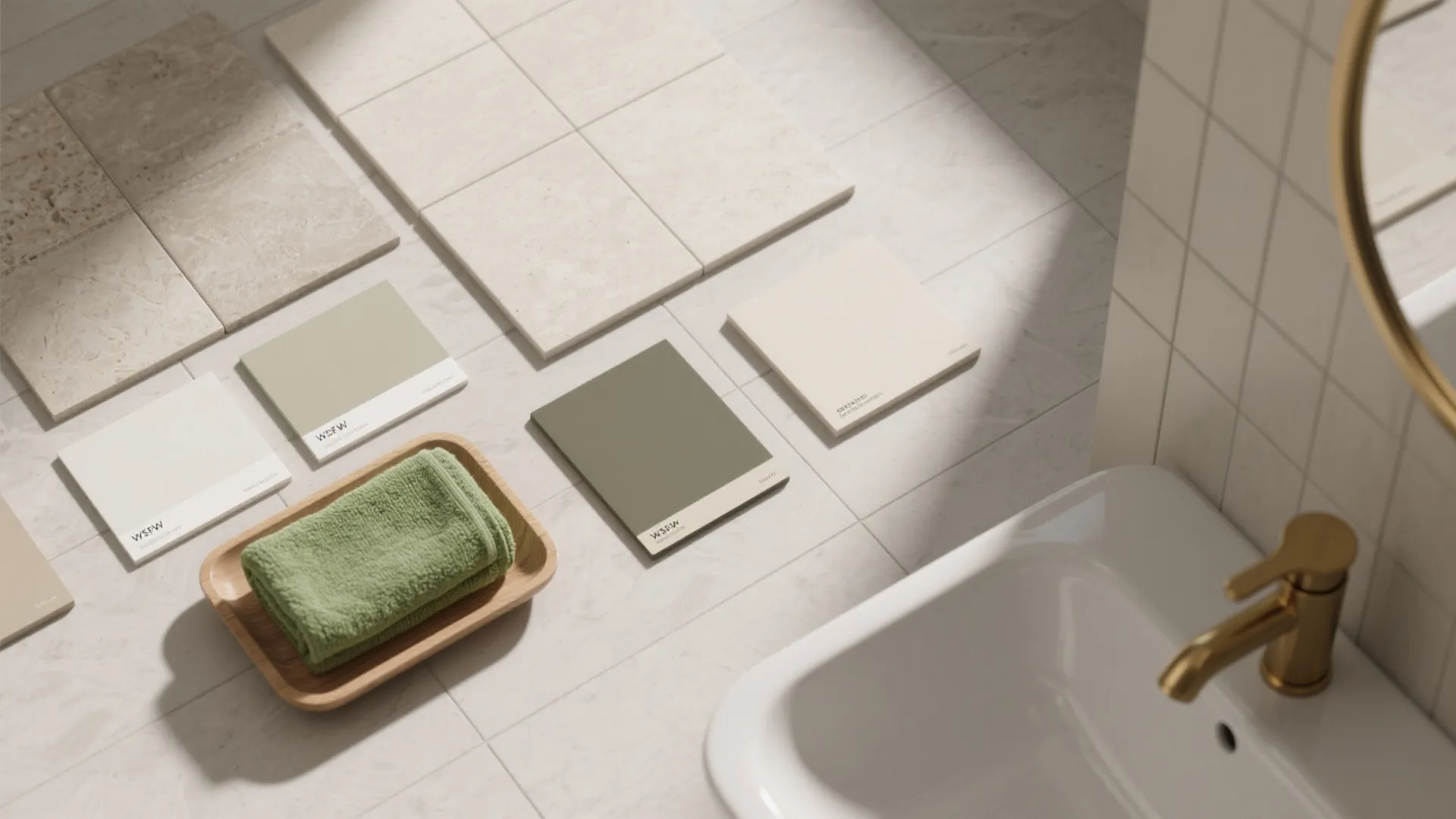 Close up of bathroom tiles green towel wood tray and color samples near white sink