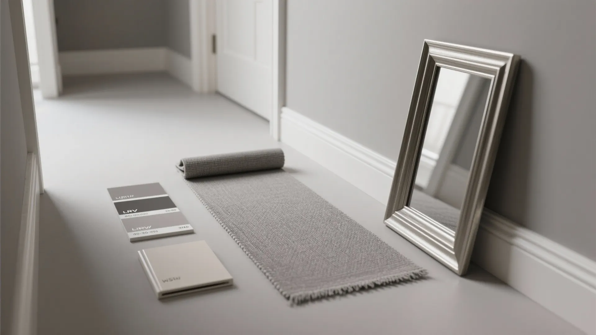 Interior design materials including grey rug color samples and a silver mirror on the floor