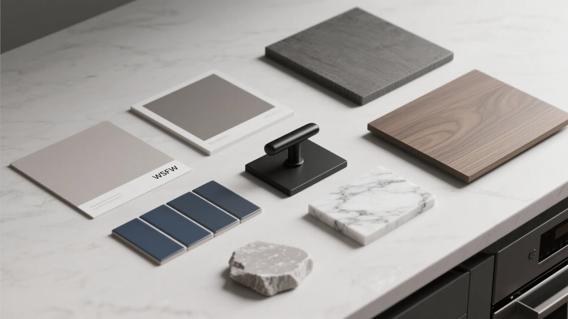 Interior design material board with wood samples blue tiles black handle paint swatches and marble