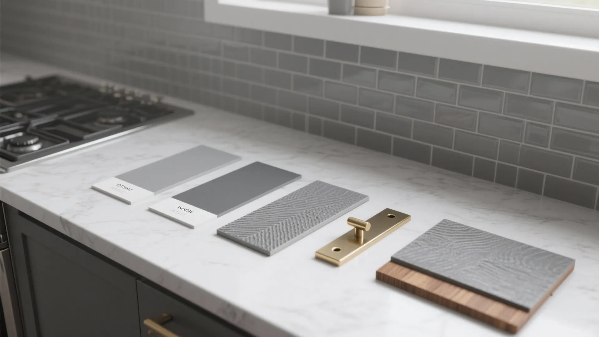 3. Monochrome gray walls, cabinets, and a textured backsplash