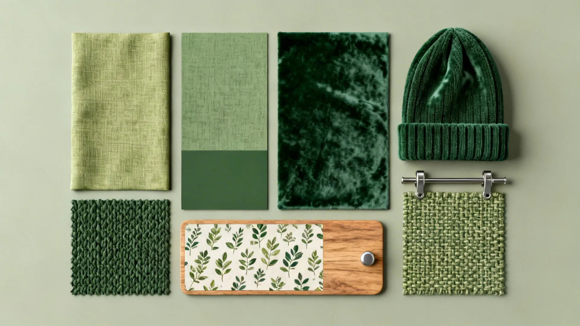 Top-down flatlay of green fabric swatches and textures for a monochrome sage palette.