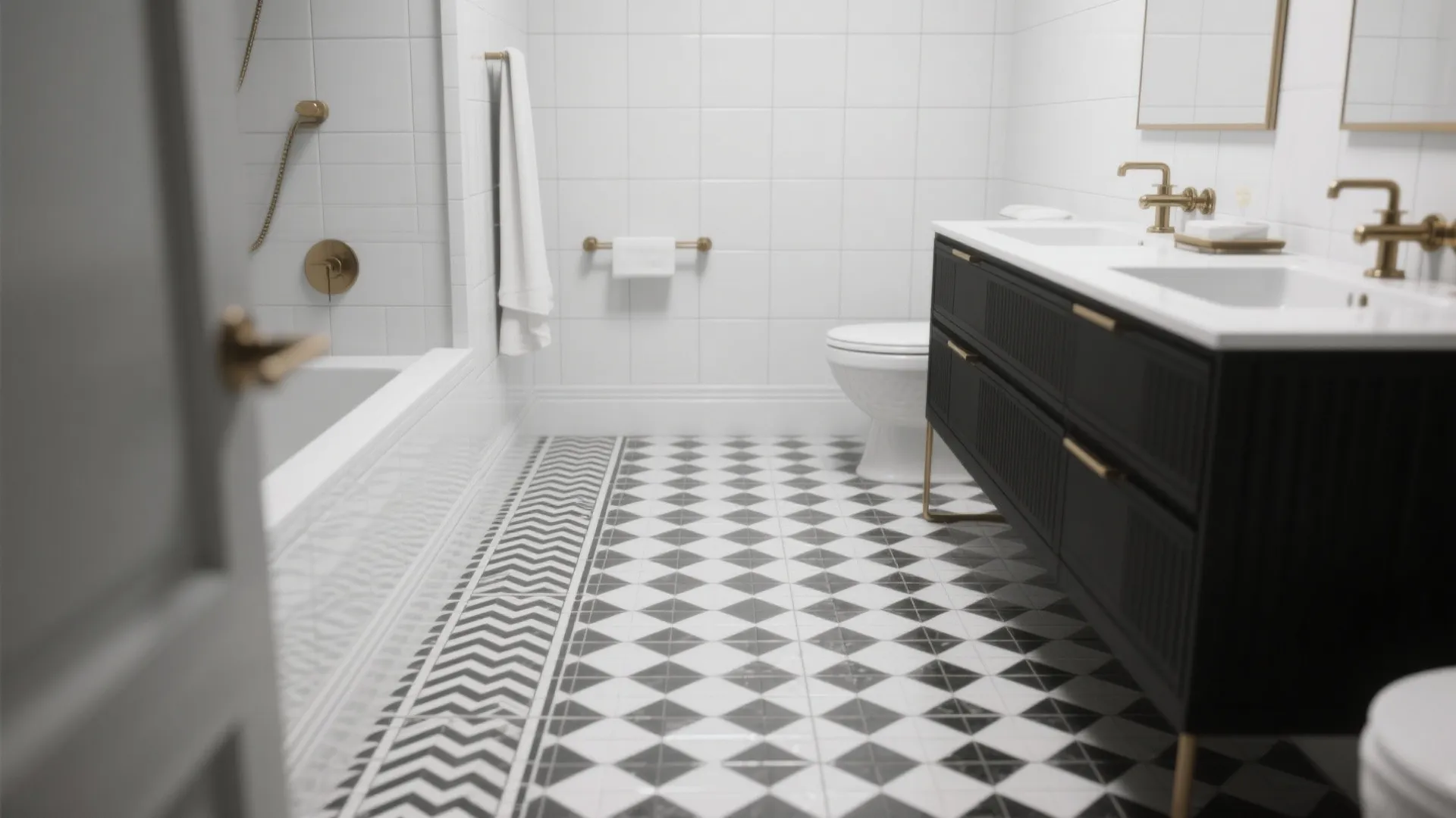 1. Timeless Monochrome with a Patterned Floor