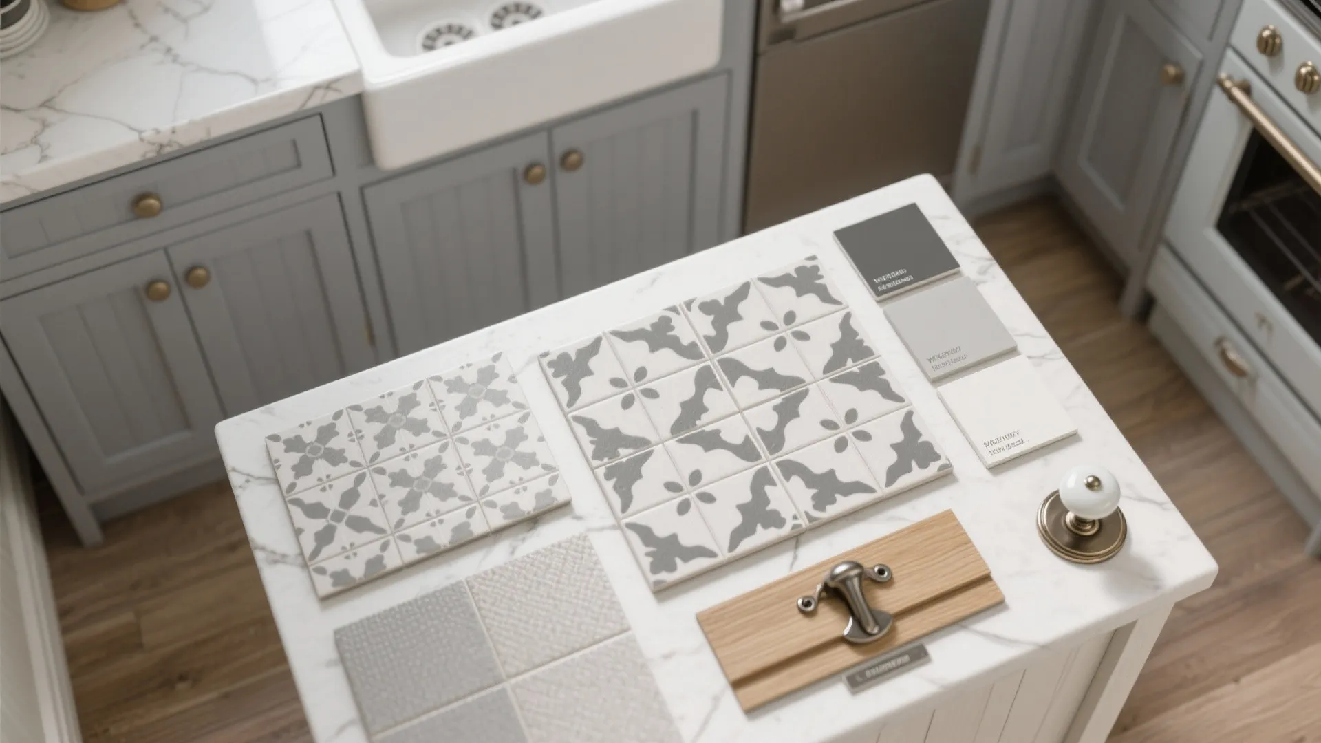 5. Monochrome palette with patterned flooring for depth