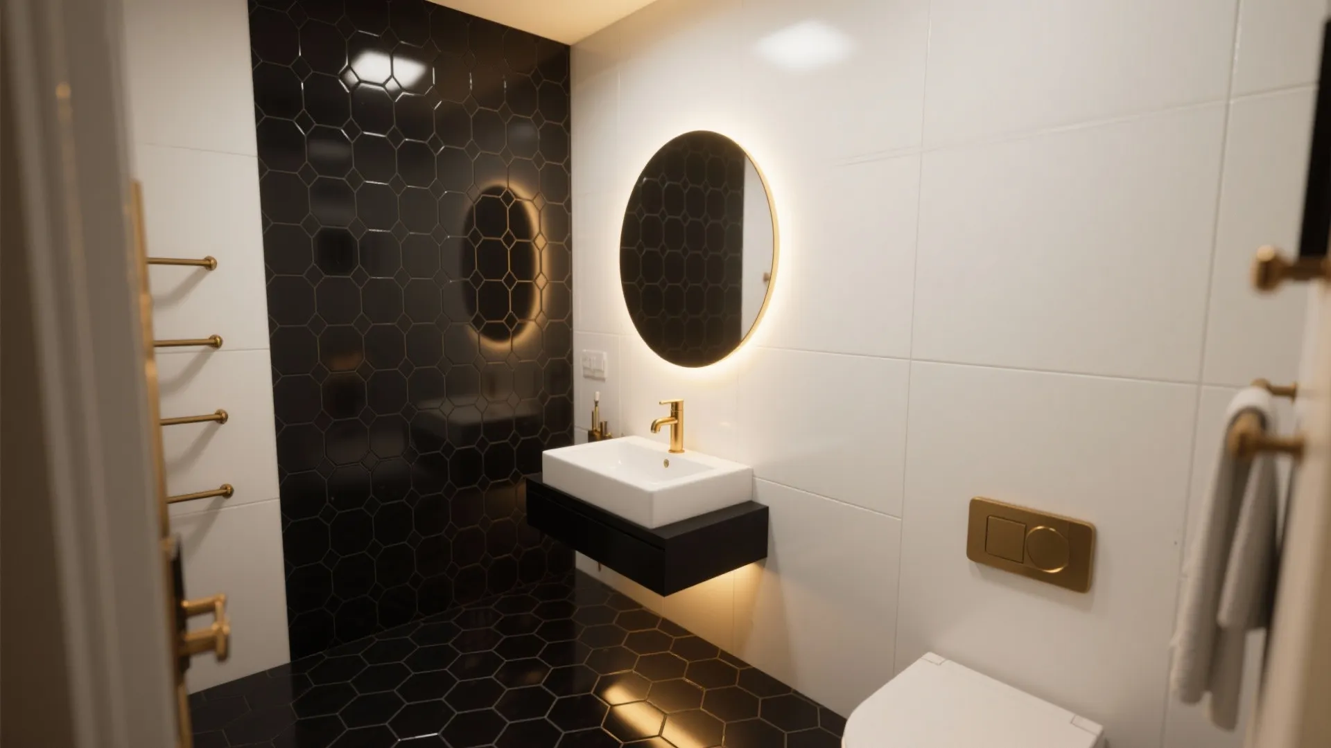 Compact bathroom with black hexagon floor tiles, warm white walls, and a warm LED mirror.