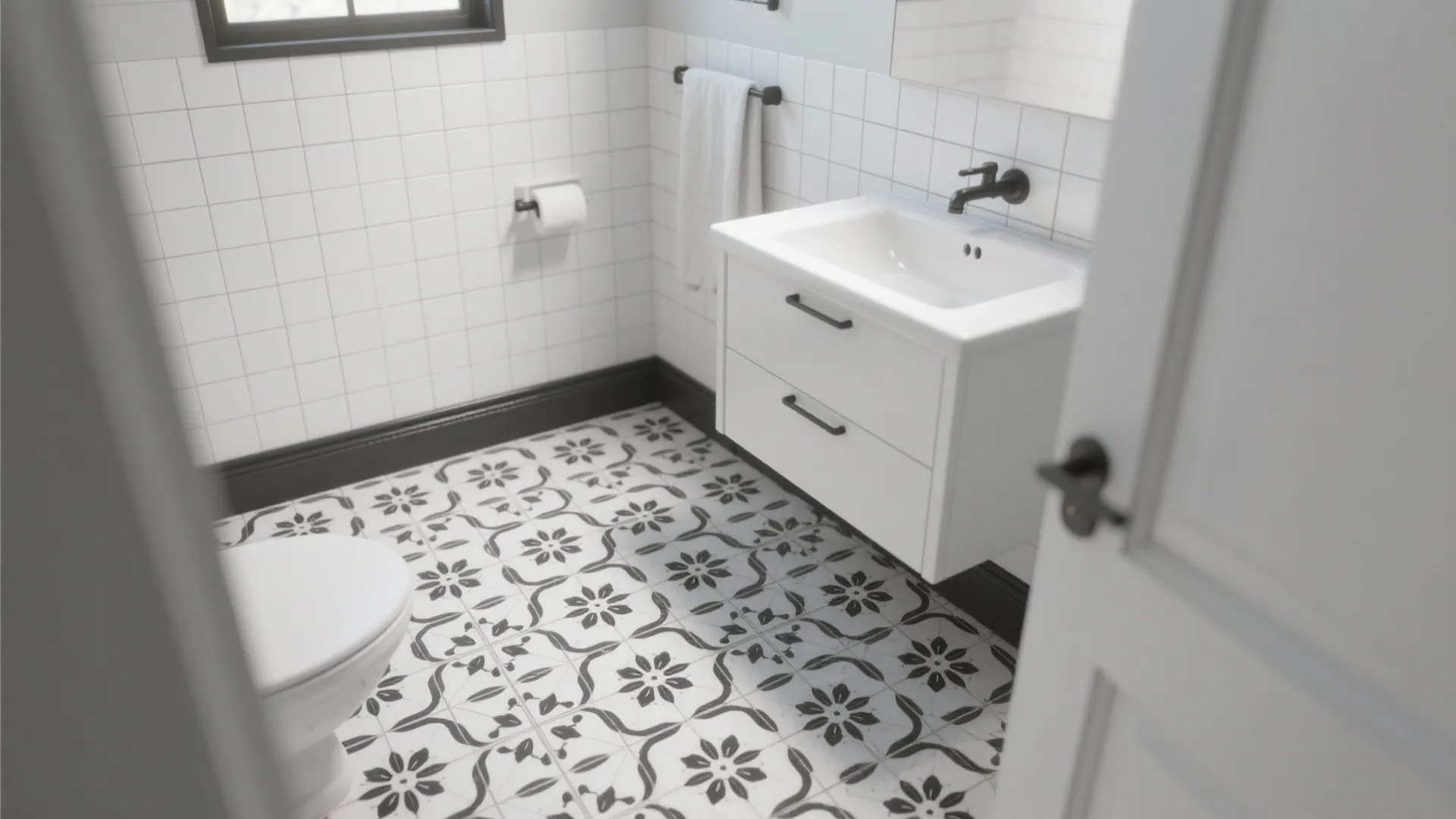 Monochrome floral encaustic on the floor