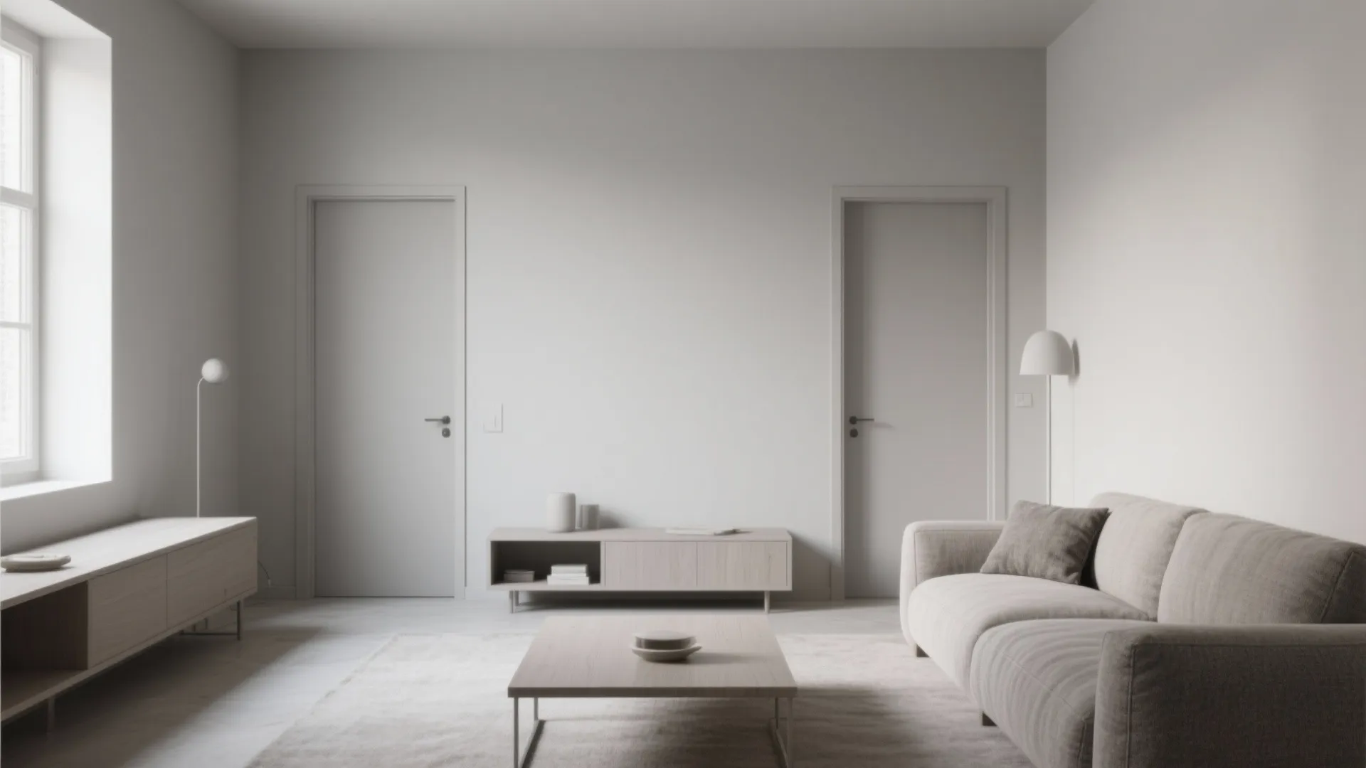 Minimalist beige living room featuring a sofa wooden coffee table two doors cabinets and floor lamp