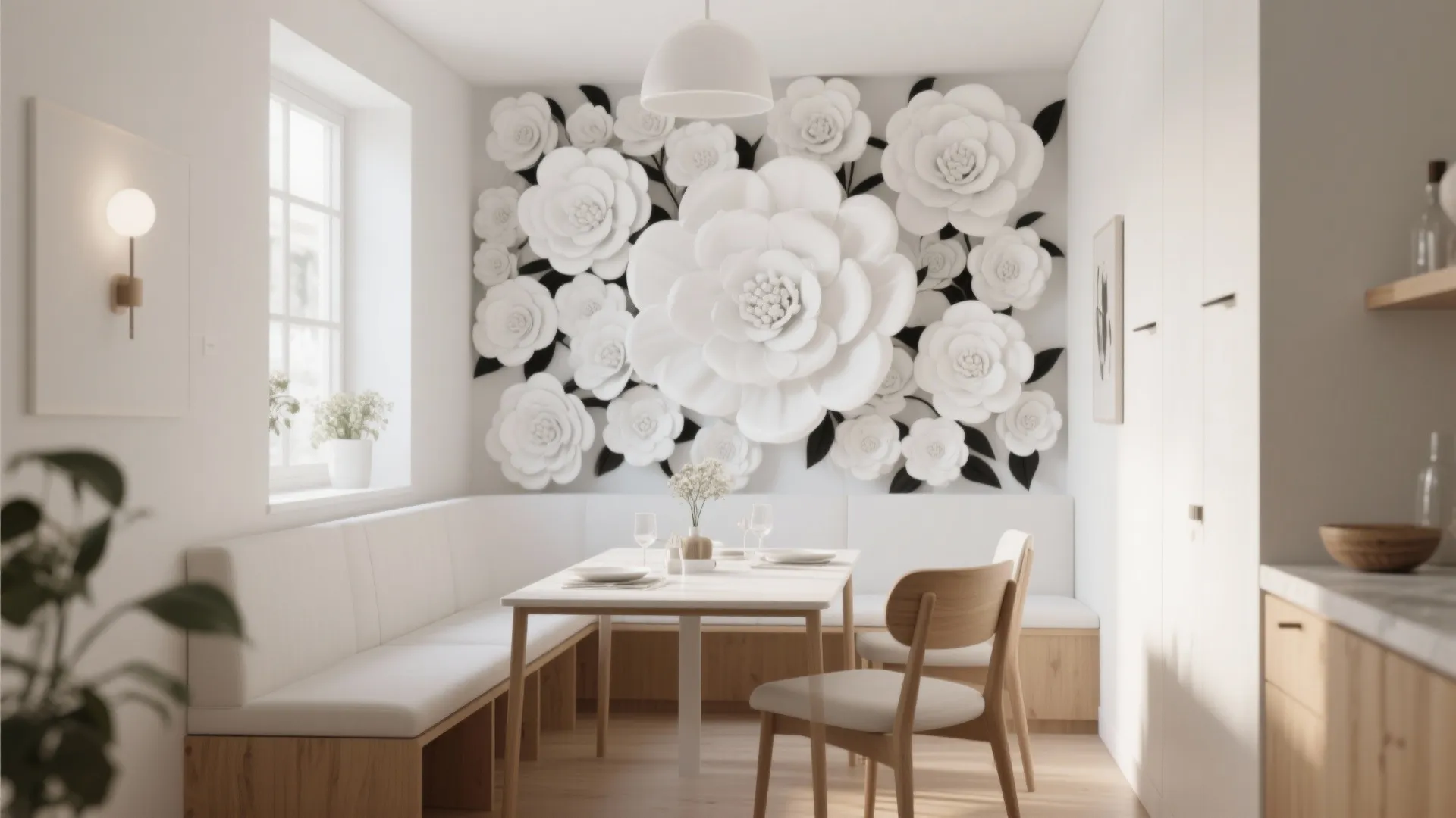 Modern dining area with white flower wall art wooden table corner bench and ceiling light