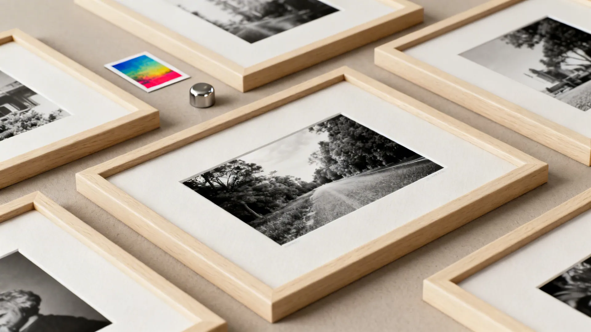 Monochrome prints in beige wood frames with one small colorful accent piece.