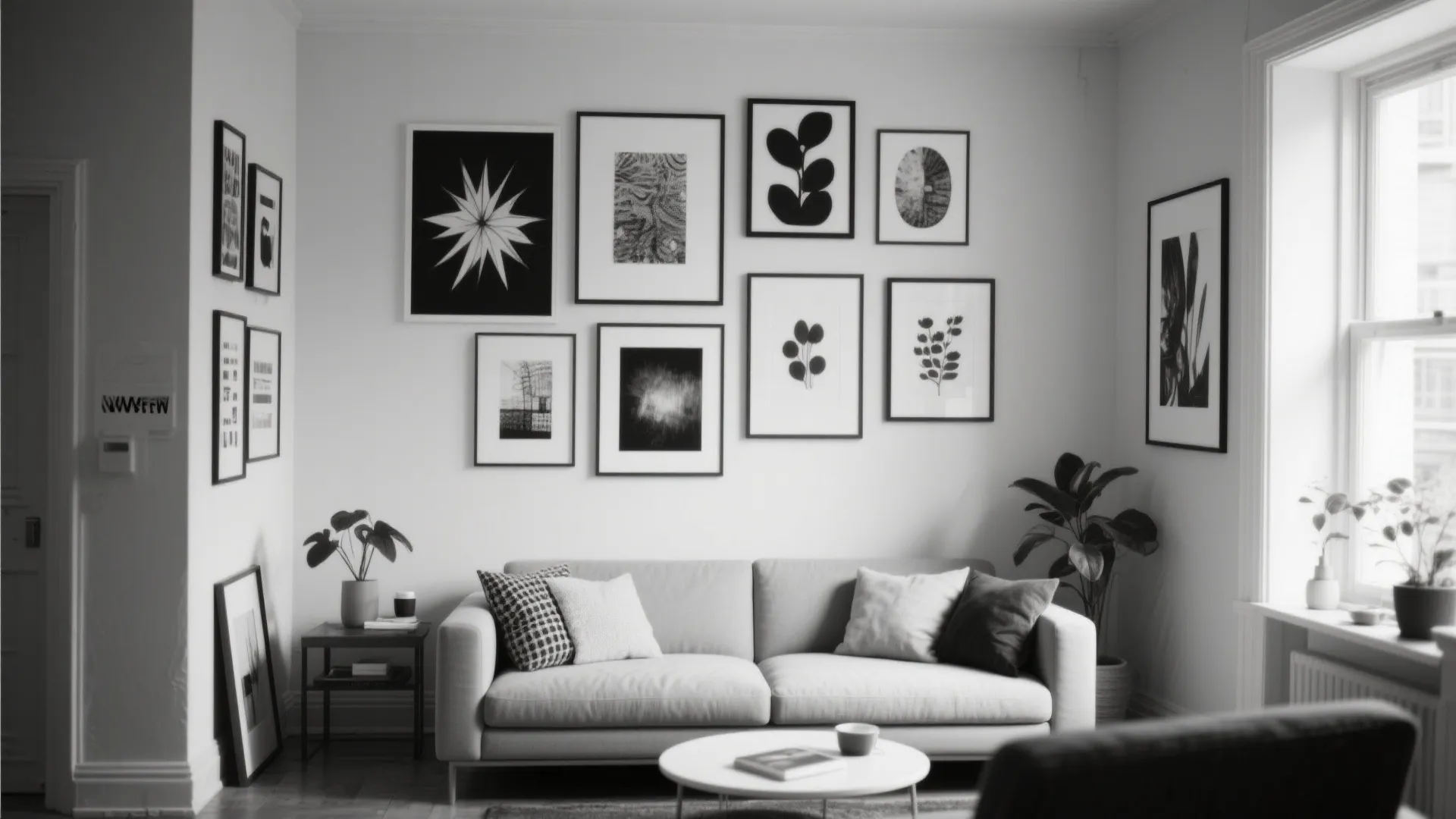 Black and white framed art prints decorating a small living room wall