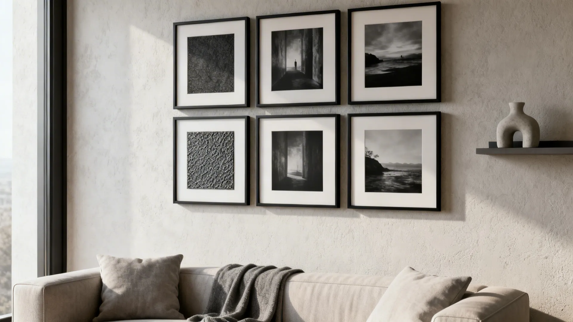 Minimal modern sofa with a neat 2x3 black-and-white gallery grid and a small sculptural shelf.