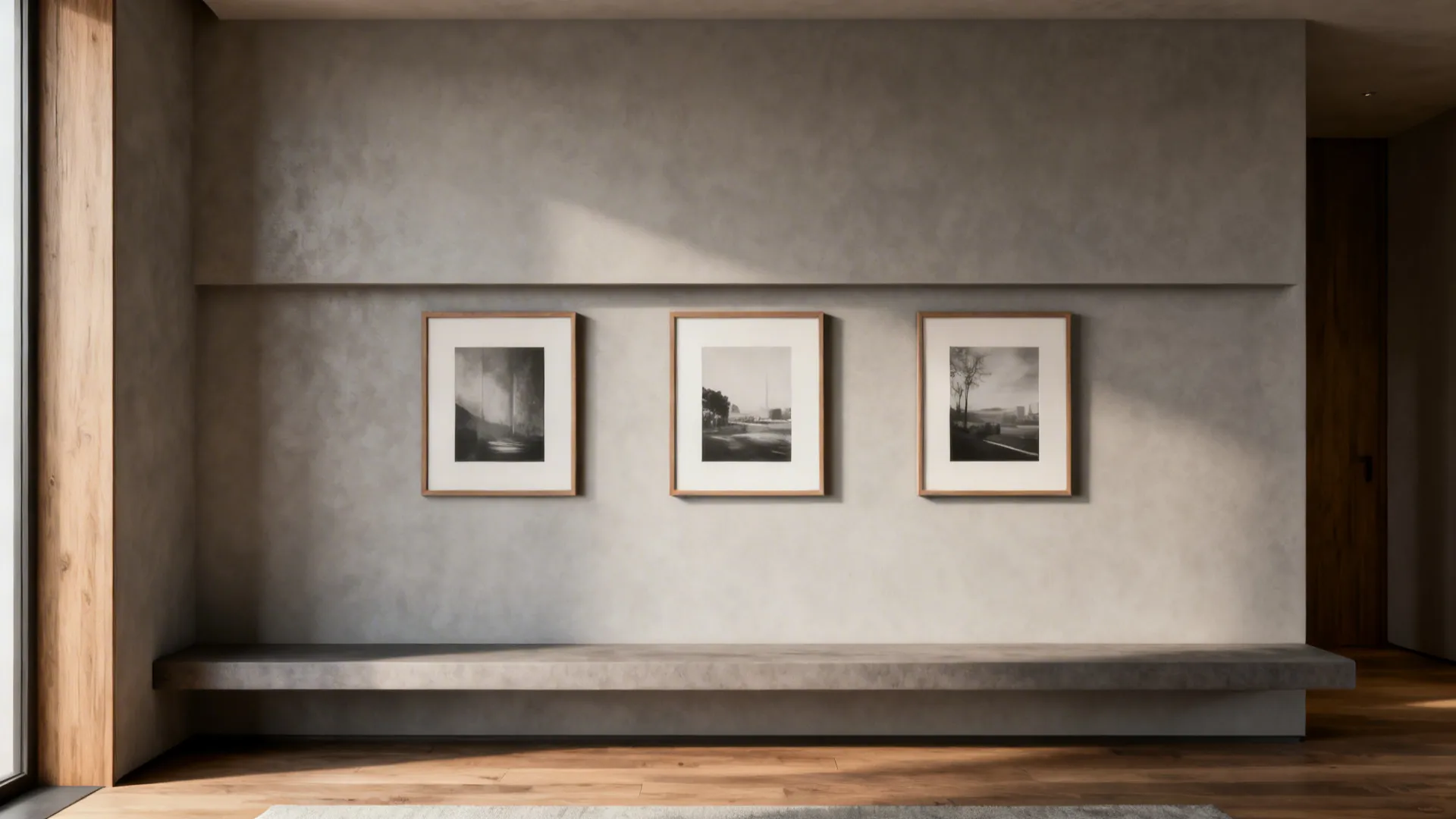 Horizontal strip of three matching monochrome frames above a bench elongating the wall