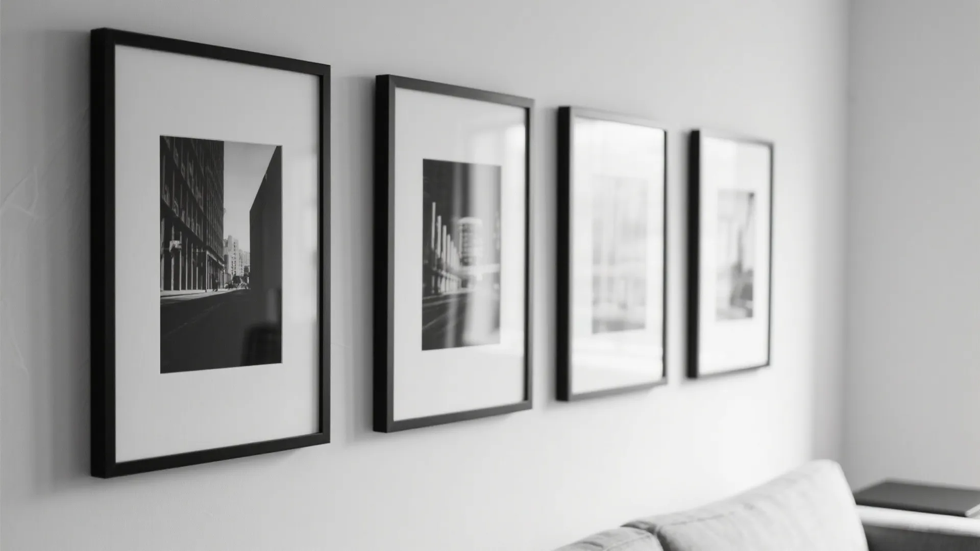 Four black framed photos on a white wall above a grey sofa in simple room
