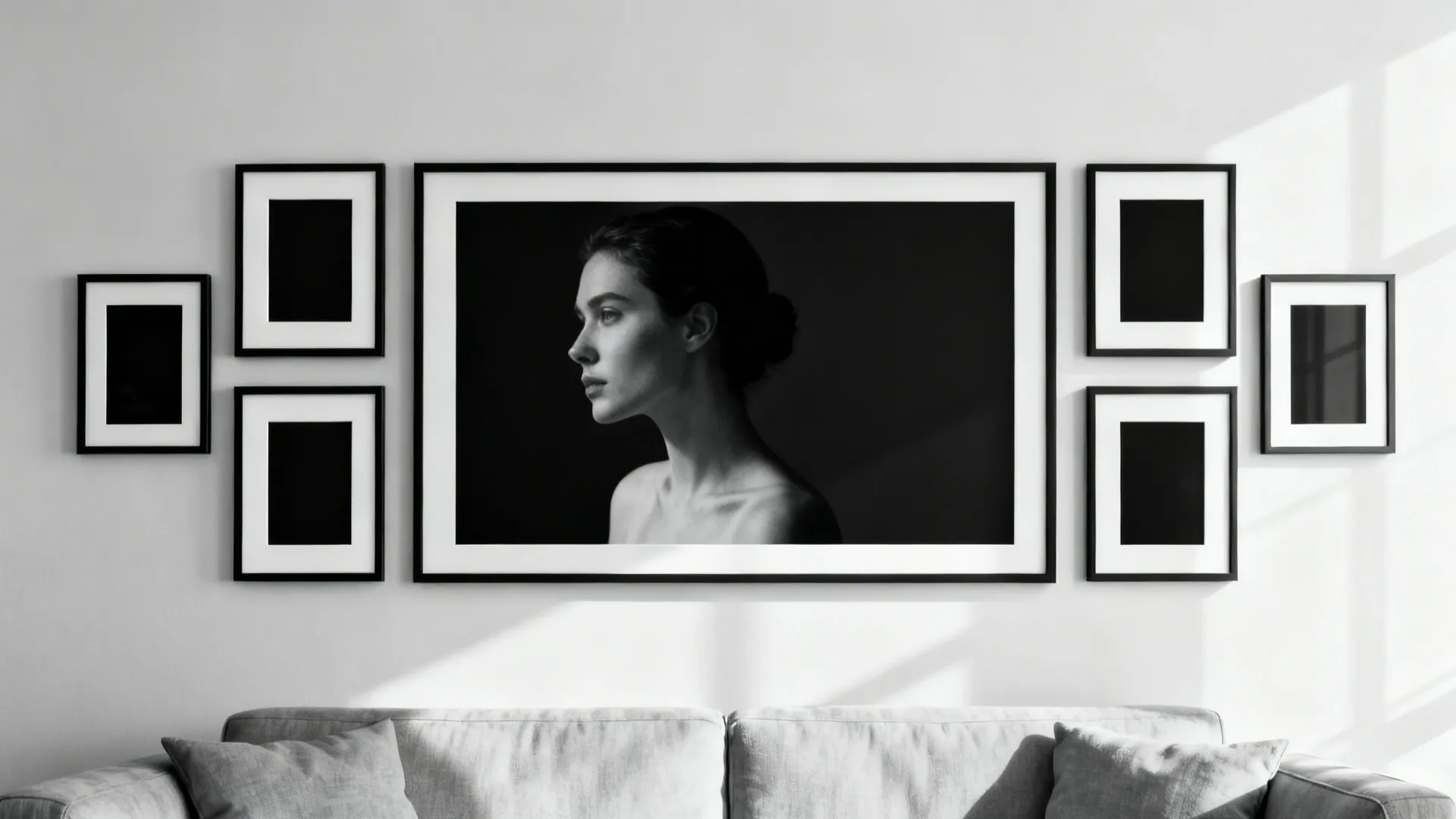 Curated black-and-white gallery wall above a sofa with varied frames and consistent mats