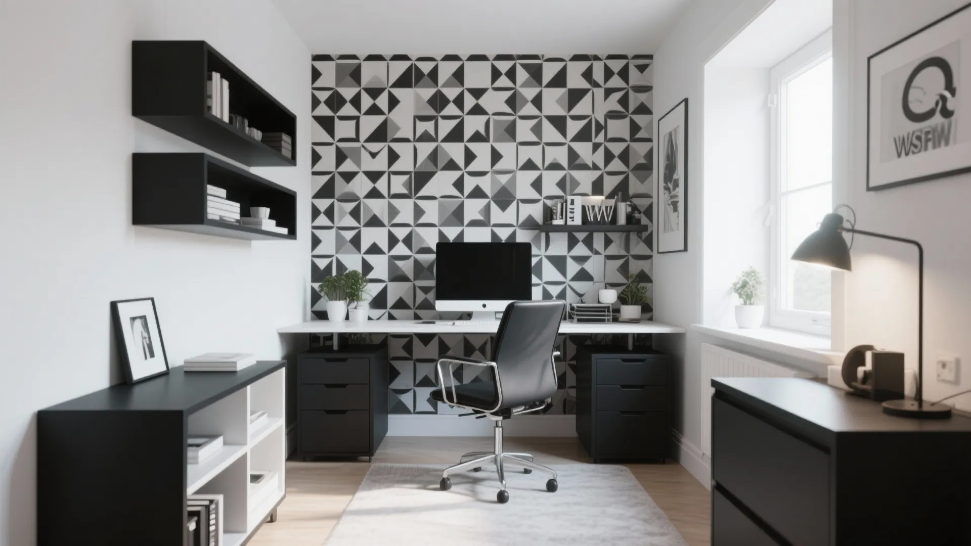 Modern home office with monochrome geometric wallpaper