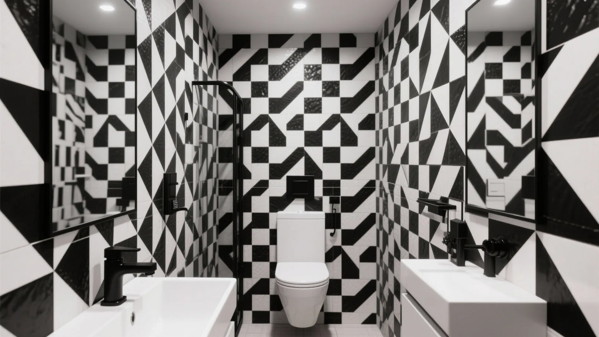 Modern bathroom featuring black and white geometric wall tiles with white toilet and white sink