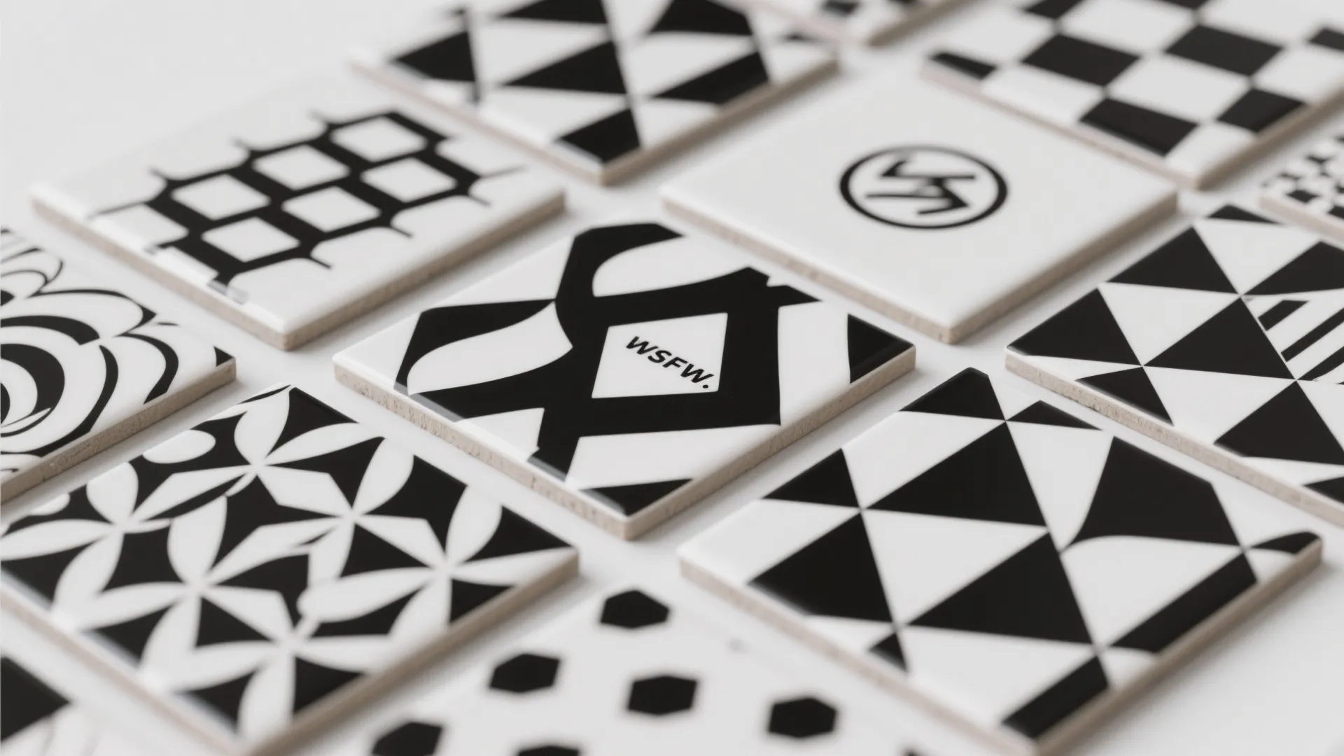 Collection of square floor tiles with different black and white geometric patterns and simple designs