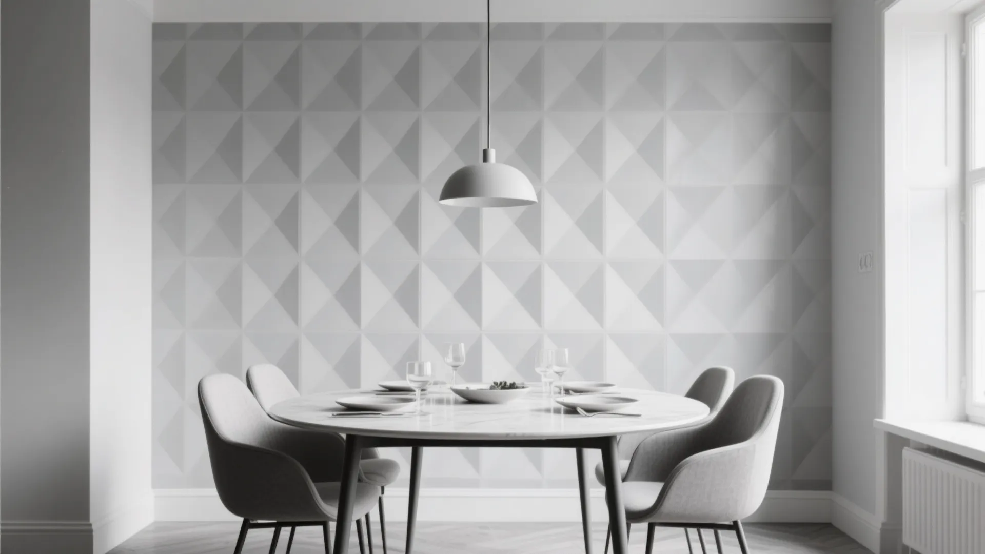 Dining room with soft grey geometric wallpaper and minimal decor