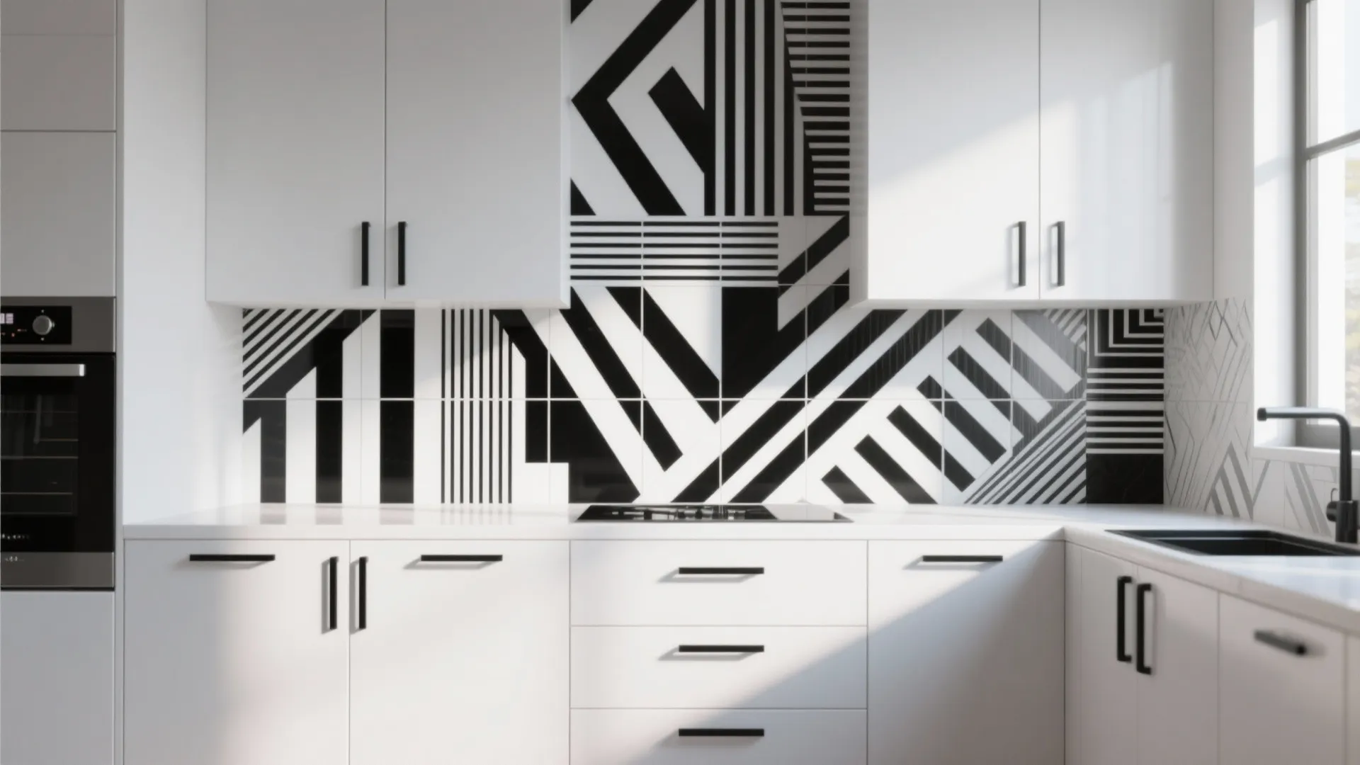 White kitchen cabinets with black and white geometric wall tiles and a black oven in view