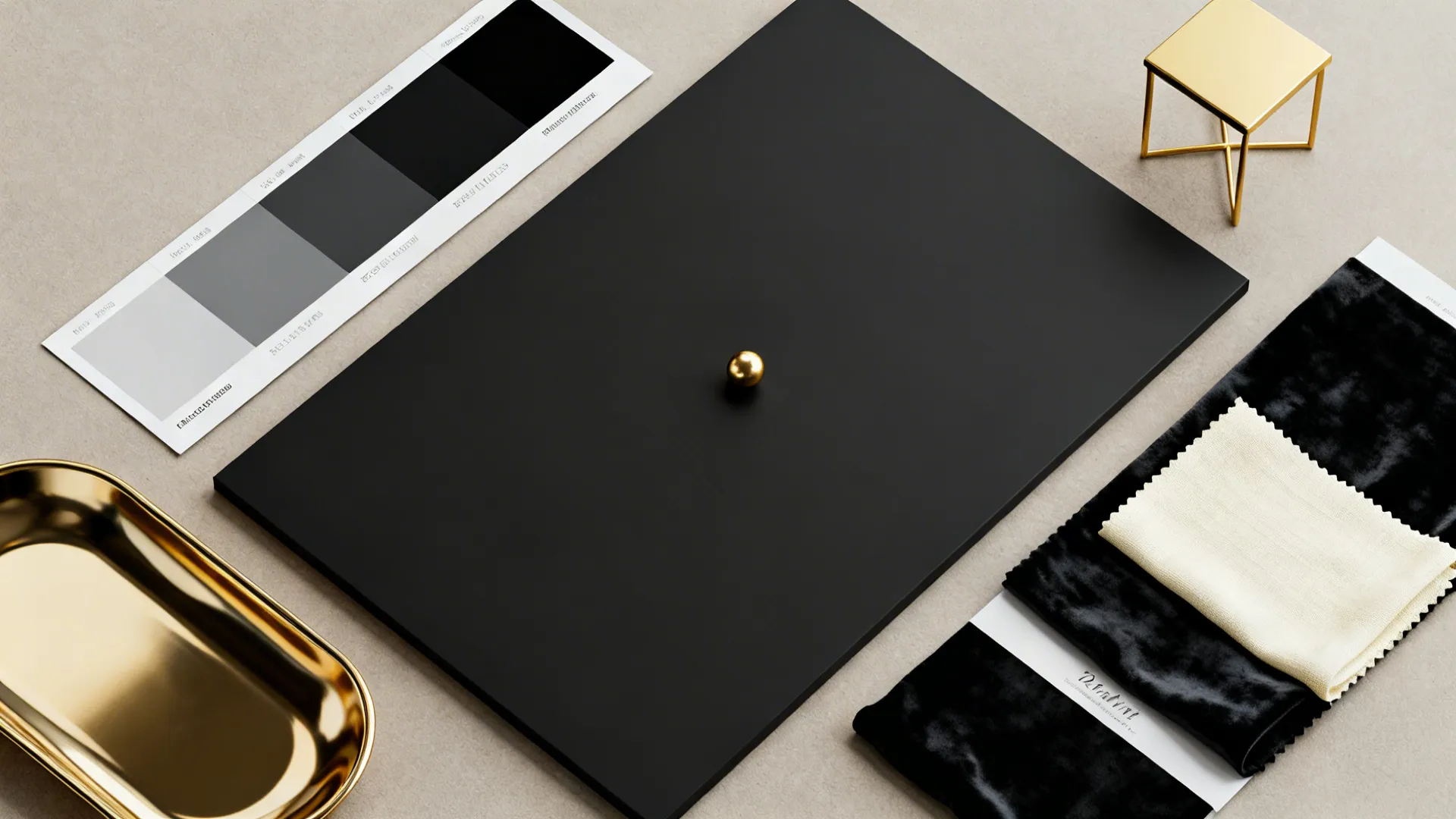 Flatlay of black and gold material samples: paint, fabrics, and a small gold side table sample.
