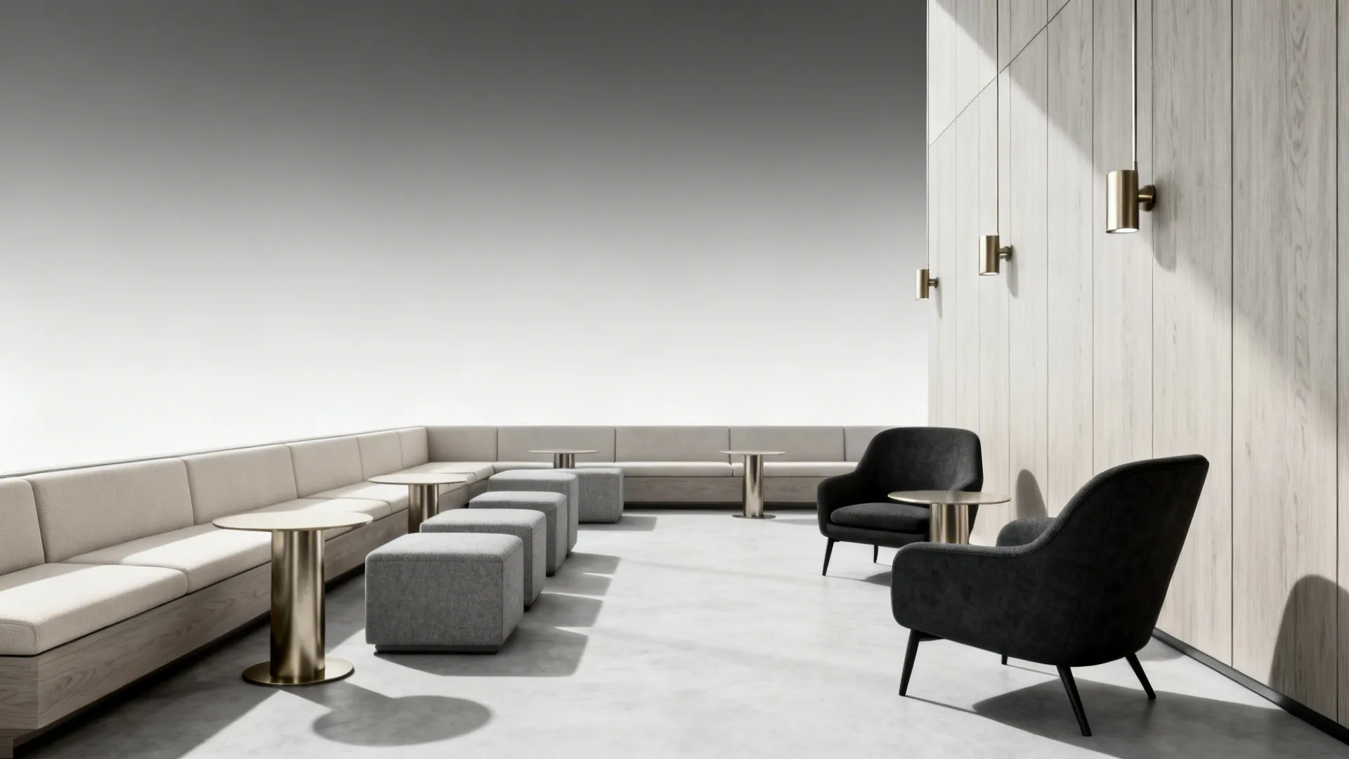 Modern lounge featuring long beige sofa, grey stools, black chairs, gold tables, and wall lights