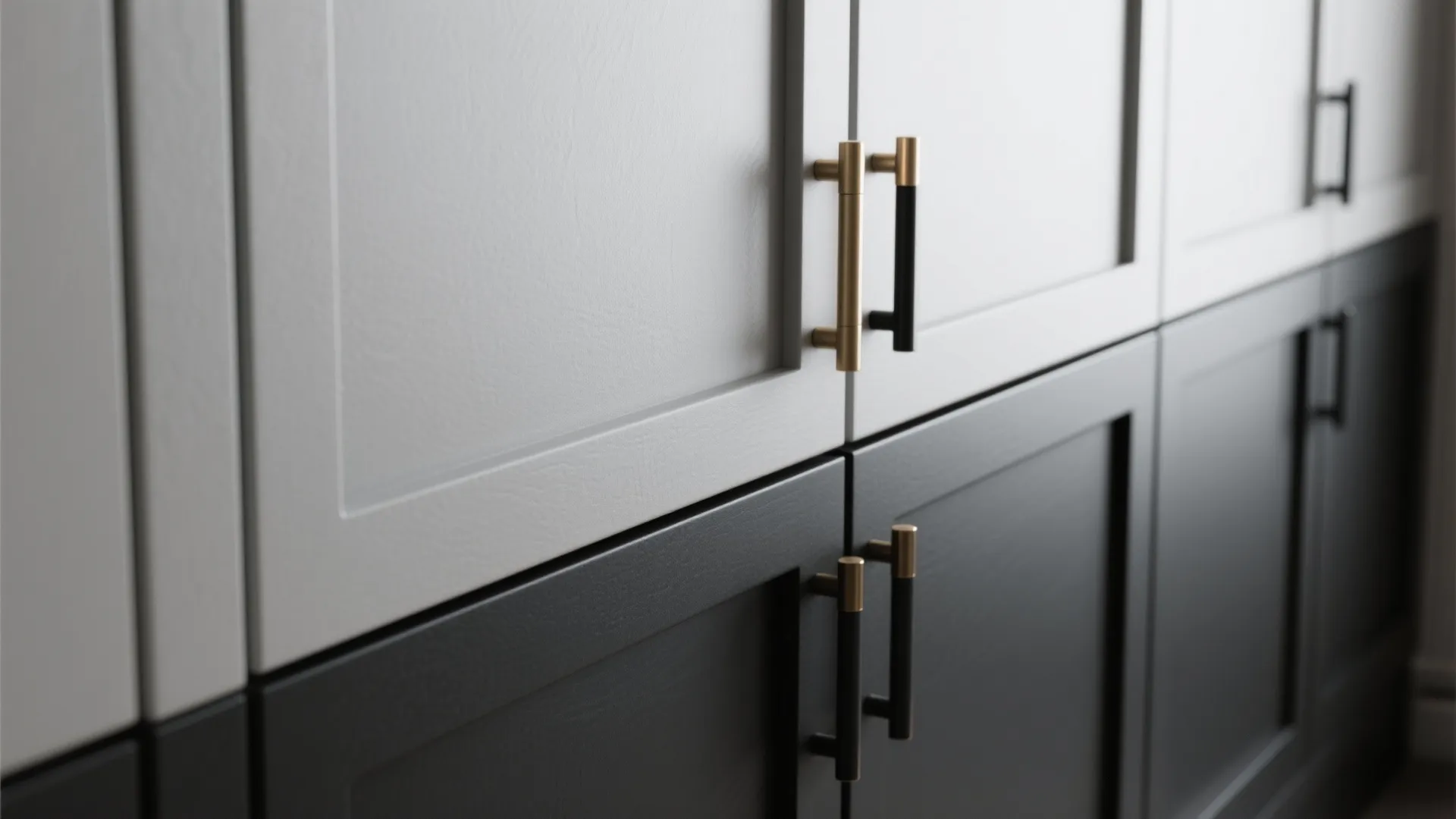 Close up view of white and dark grey kitchen cabinet doors with gold metal handles