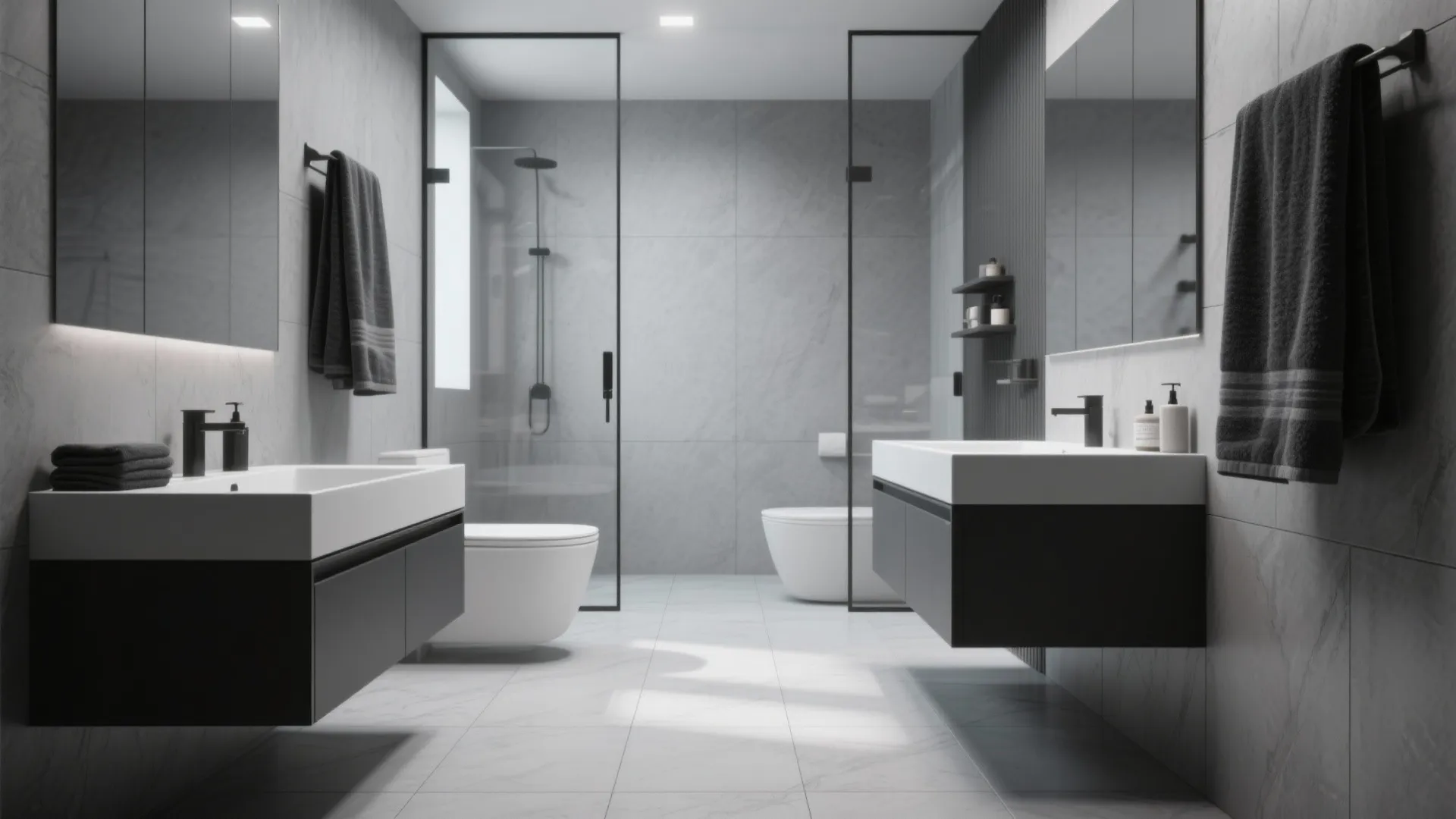Modern grey bathroom with two black floating cabinets white sinks glass shower and dark towels