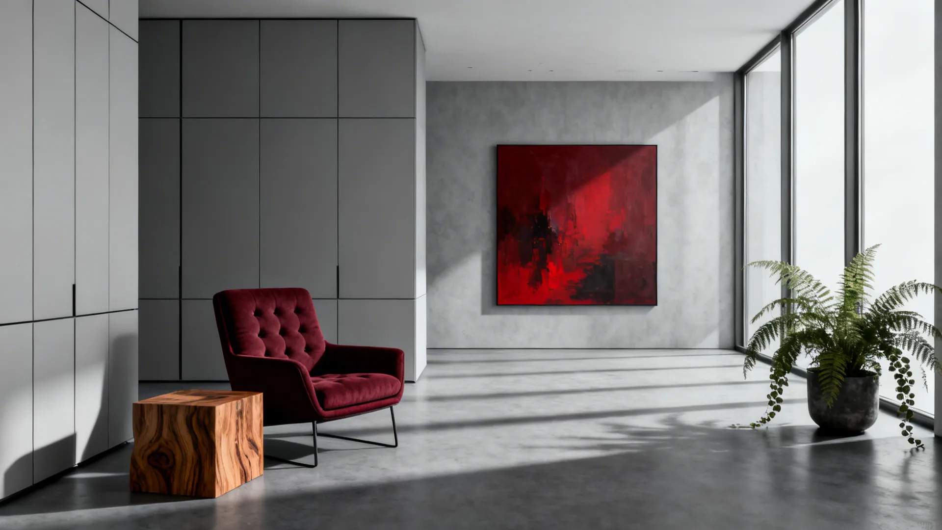 Sleek monochrome gray living room with a single burgundy statement chair and warm wood accents