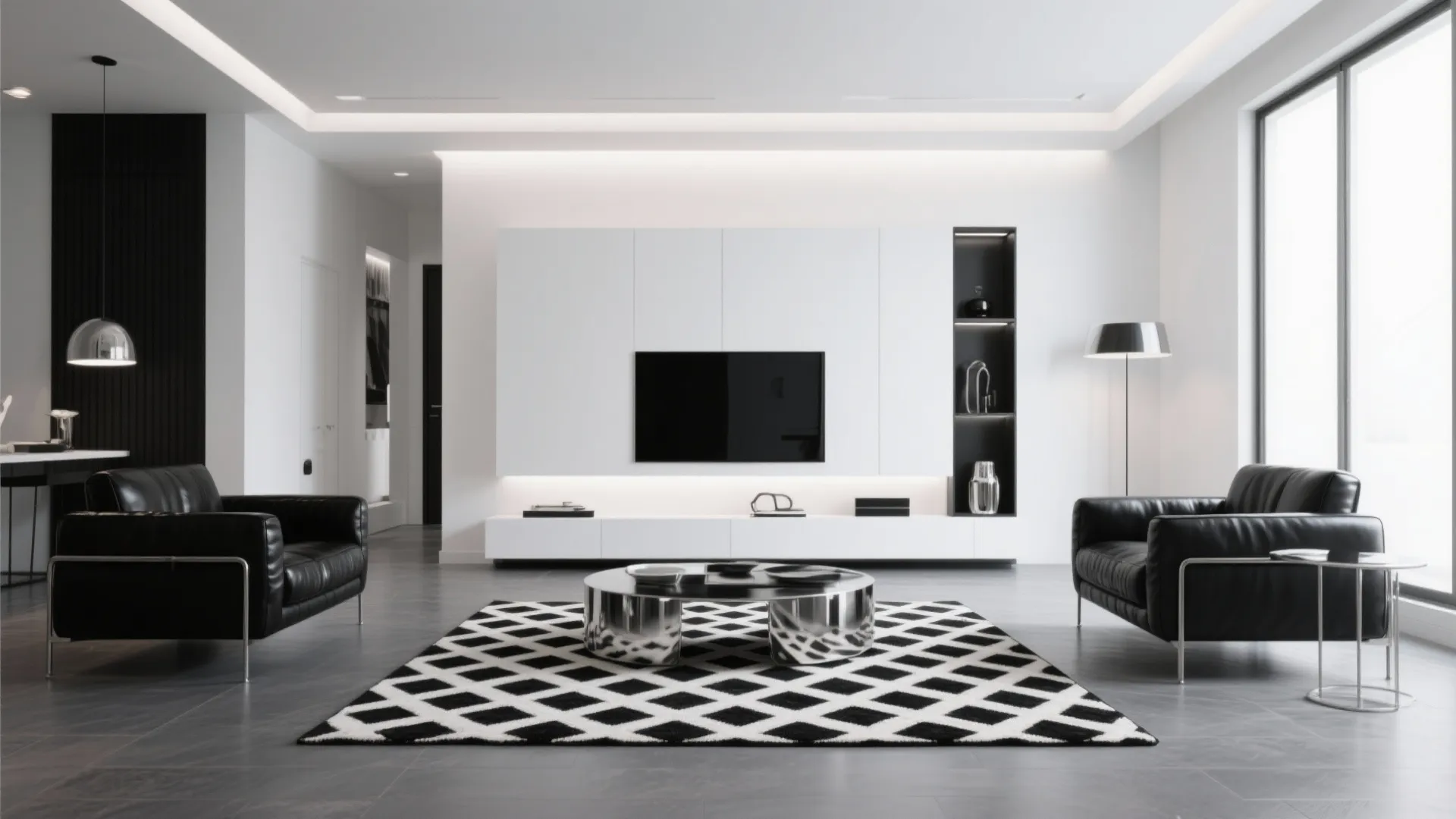 Modern black and white living room with leather sofas pattern rug and large television cabinet