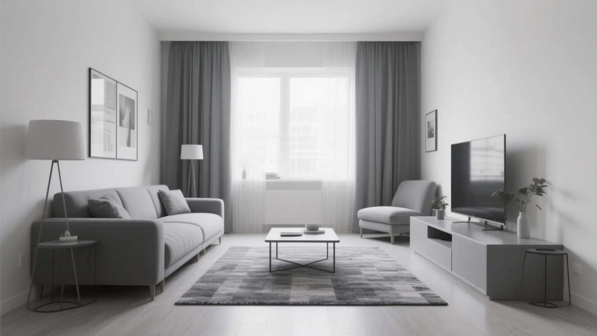 Monochrome living room with gray sofa coffee table television cabinet and window with gray curtains