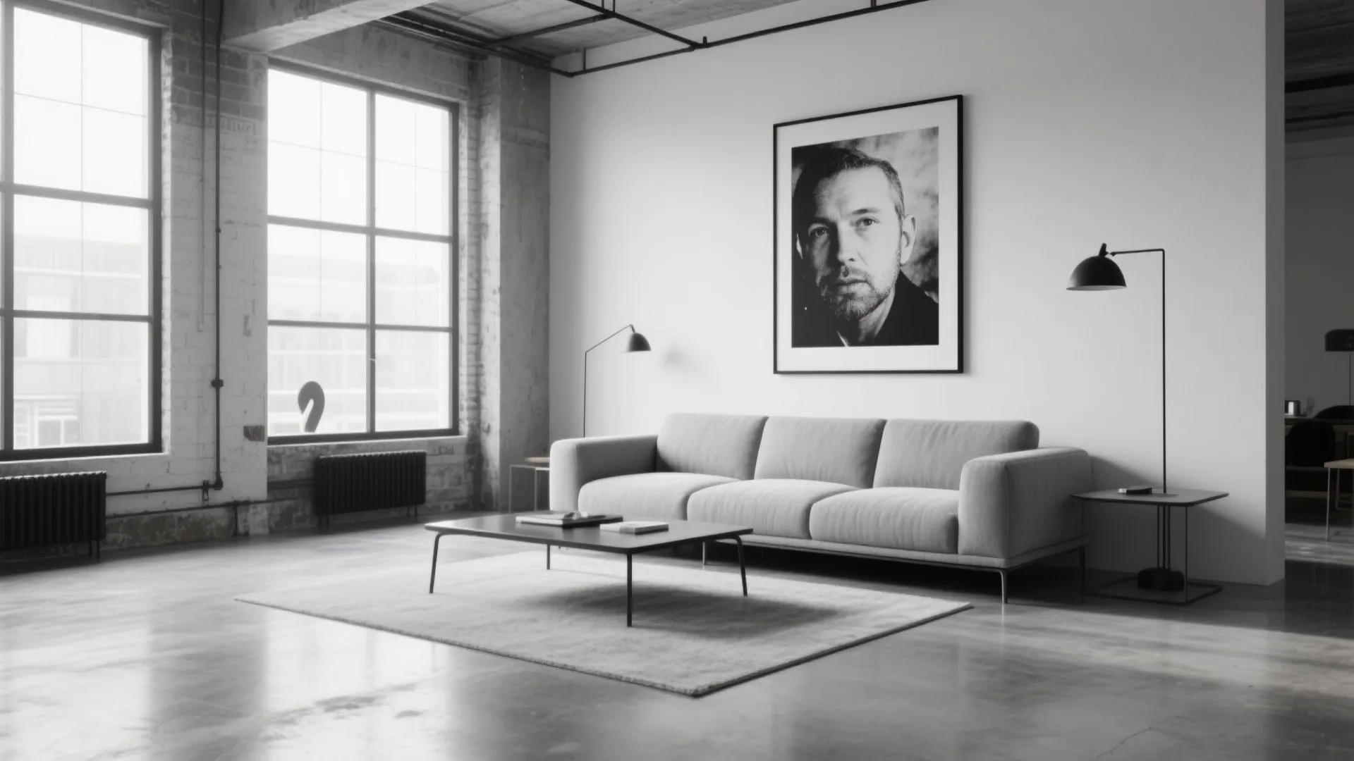 Minimalist living room with gray sofa black coffee table large windows and wall art portrait
