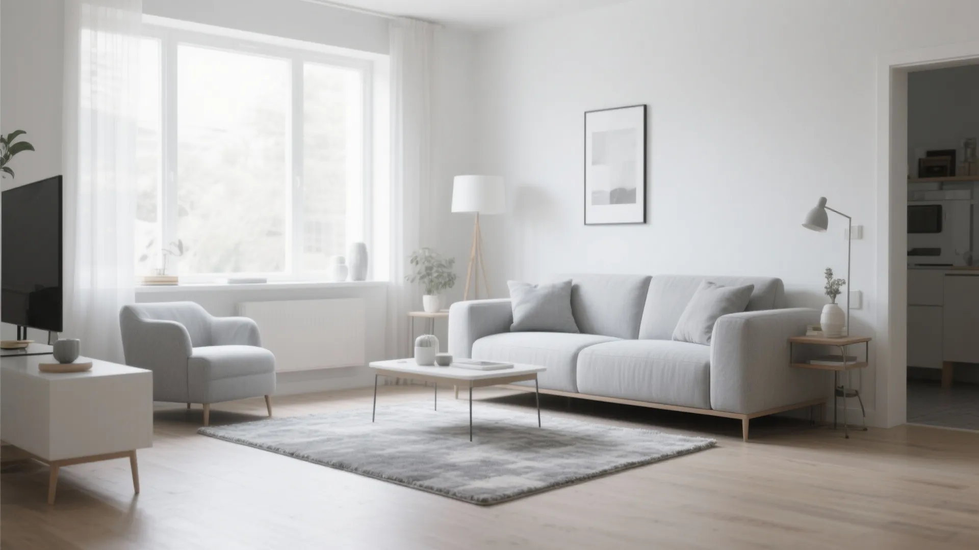 Minimalist living room with grey sofa armchair matching rug white walls and large bright window area