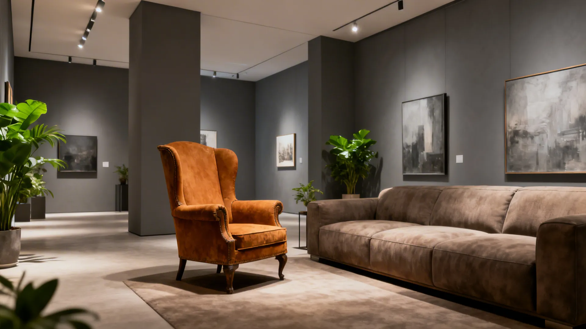 2. Monochrome gray backdrop with tan focal pieces