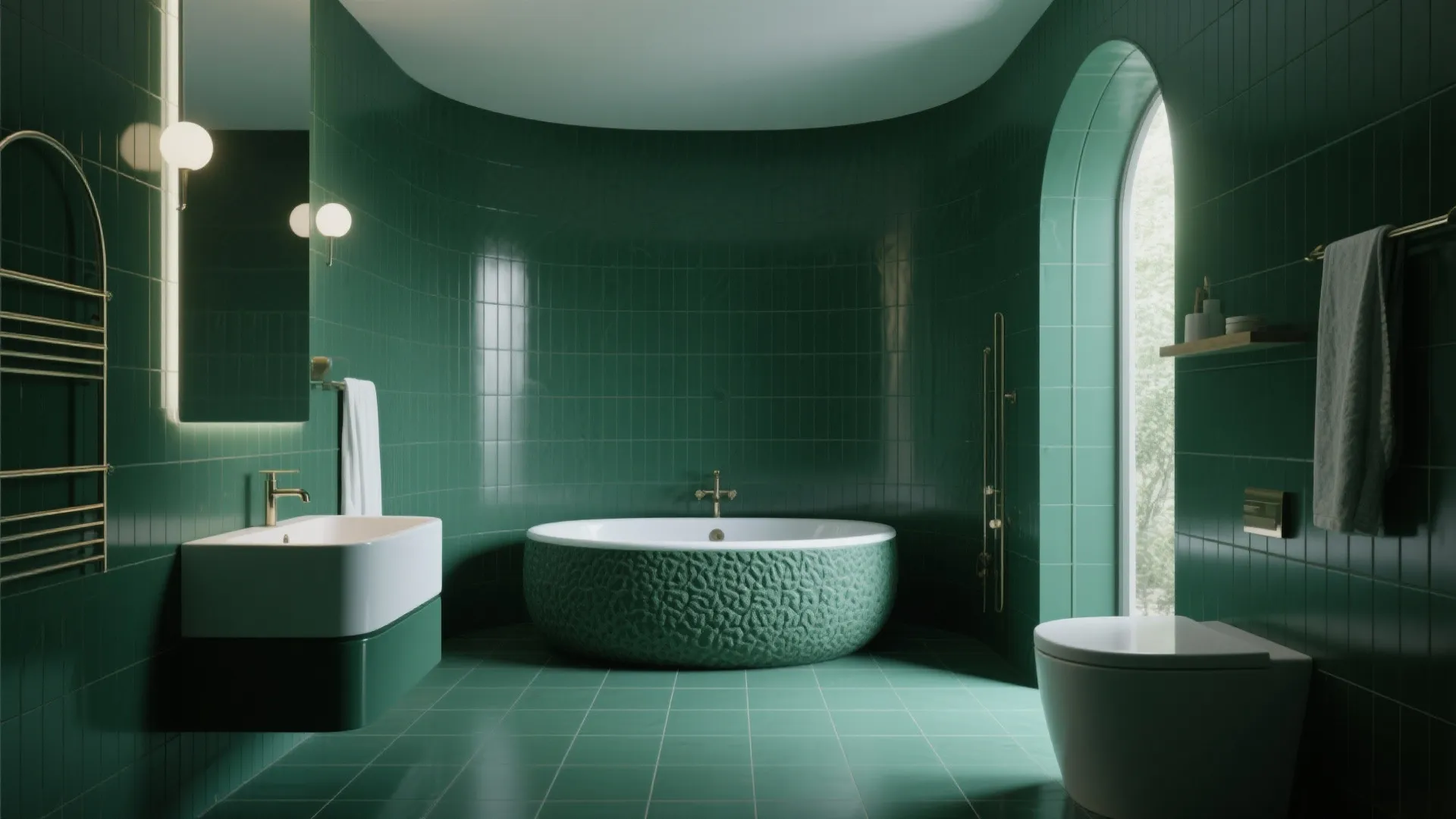 Dark green bathroom with round textured bathtub white sink wall lights and arched window design