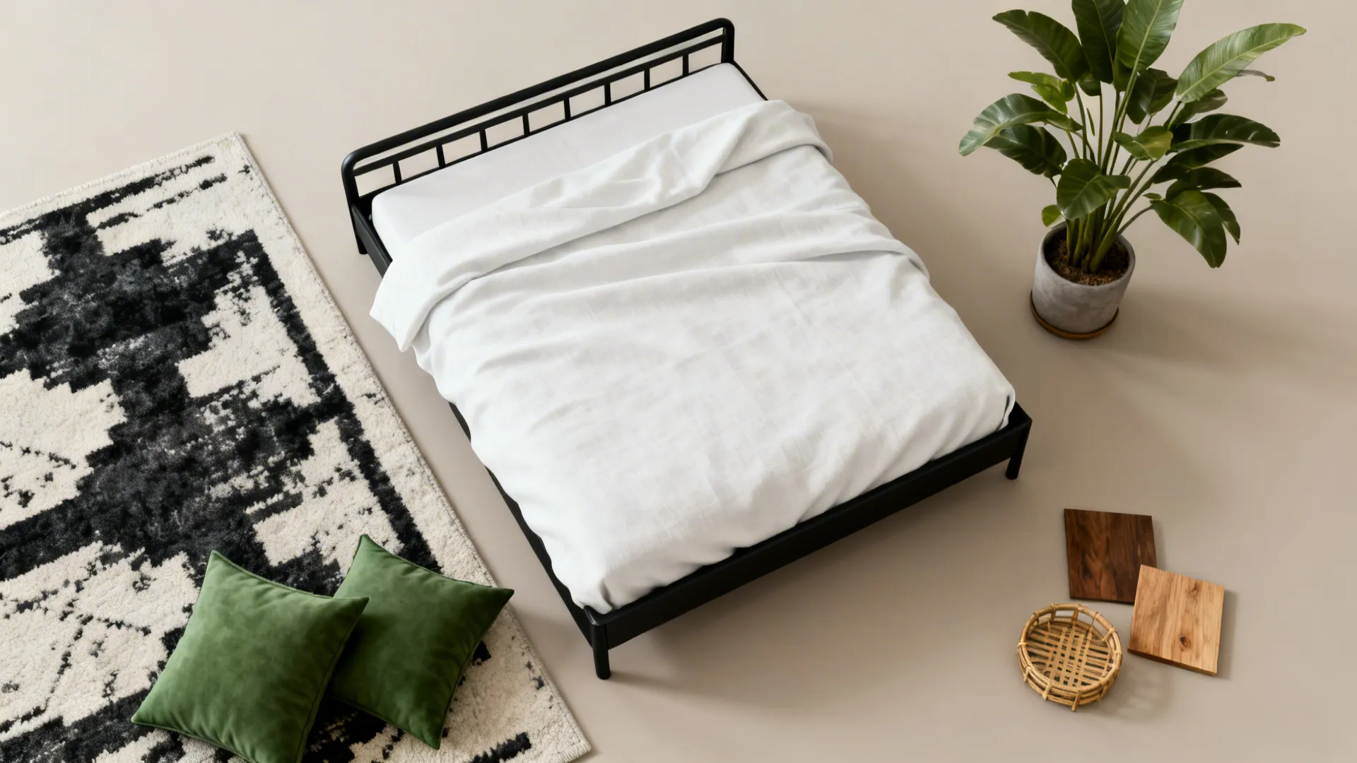 Flatlay of black, white and green textile samples with wood accents