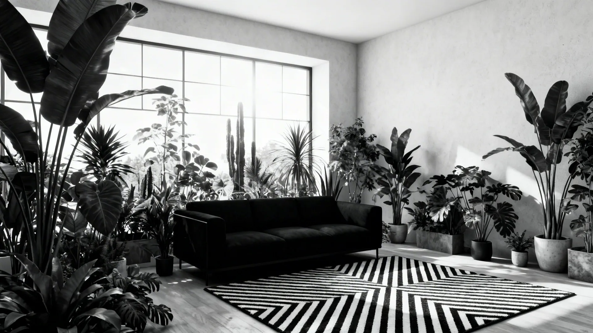 Monochrome living room with a black sofa, striped rug and abundant green plants