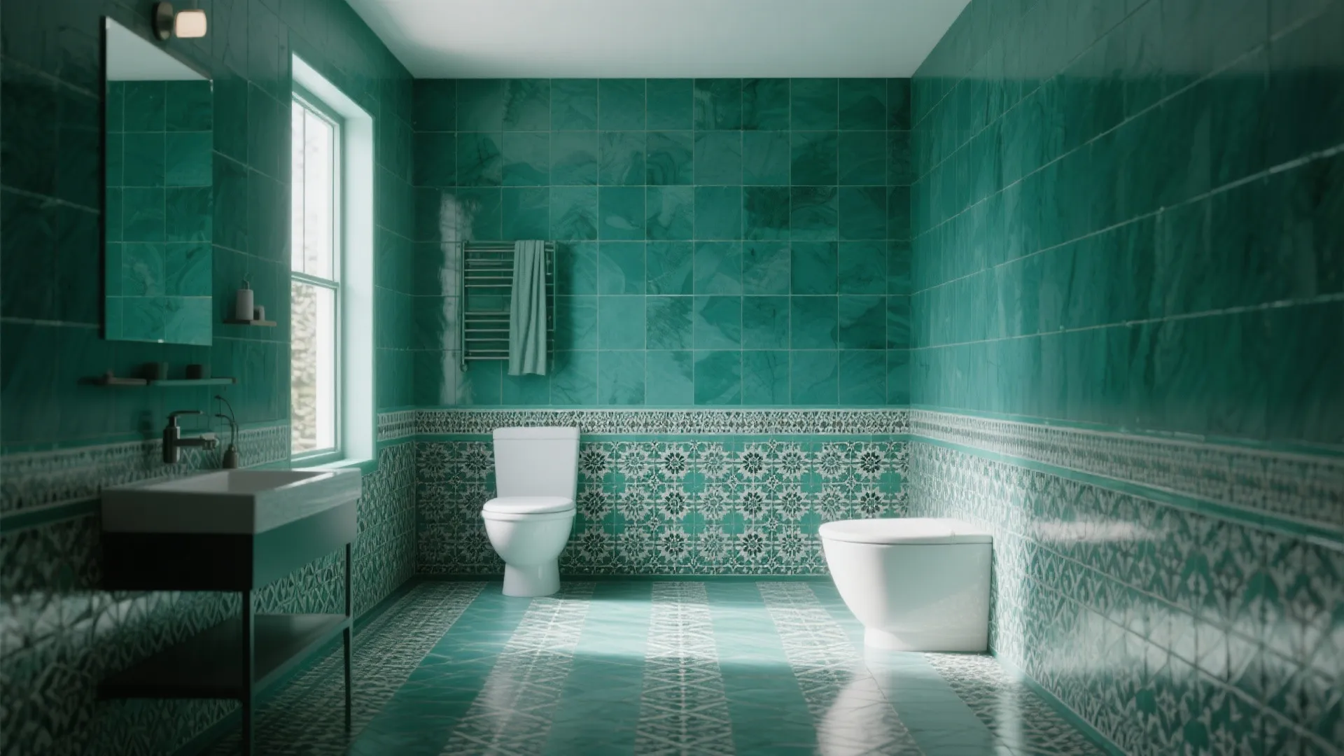 Modern bathroom featuring emerald green wall tiles white toilets and a metal sink vanity unit