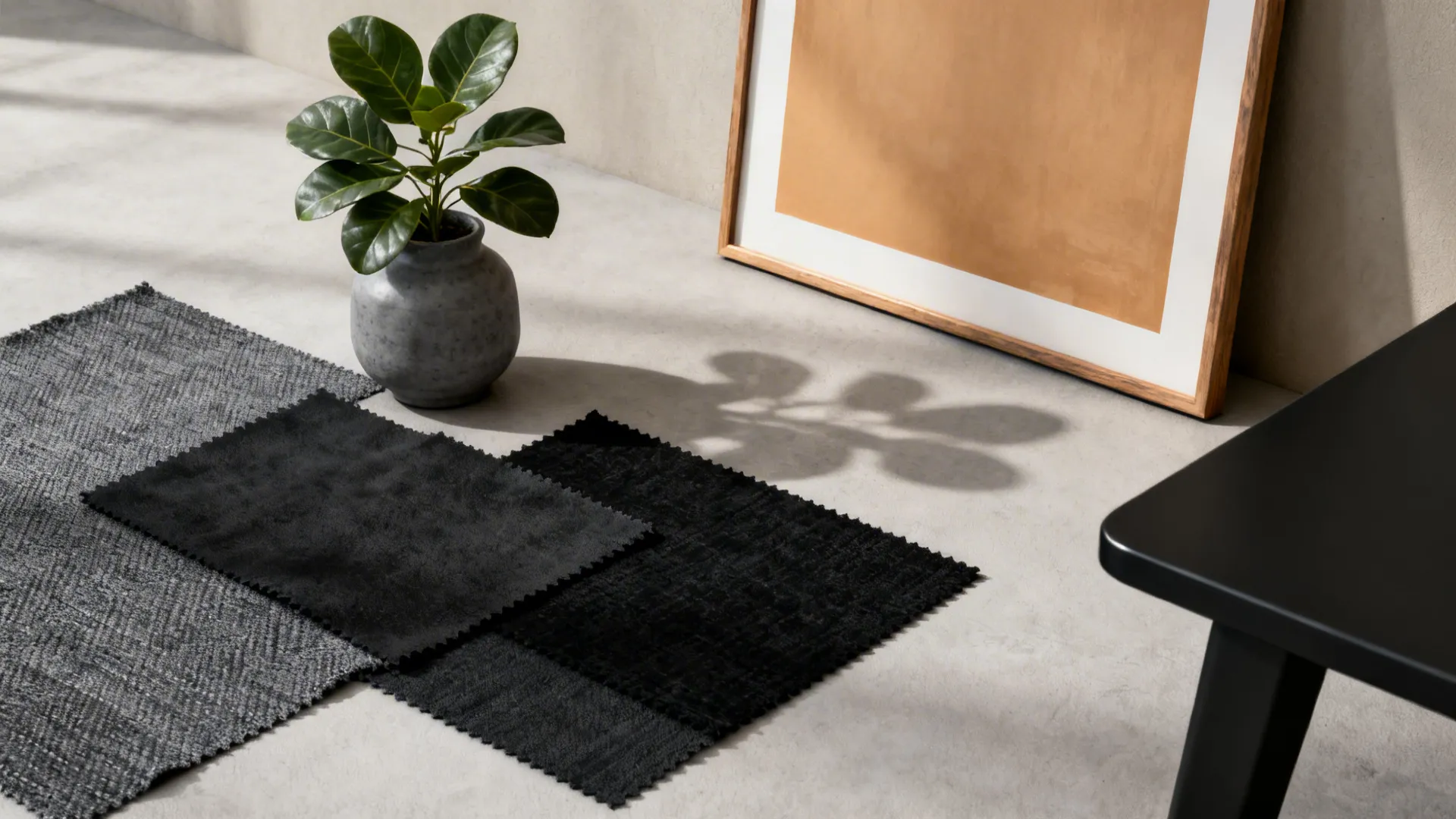 Grey and black fabric samples on floor with green plant and wooden frame in sunlight