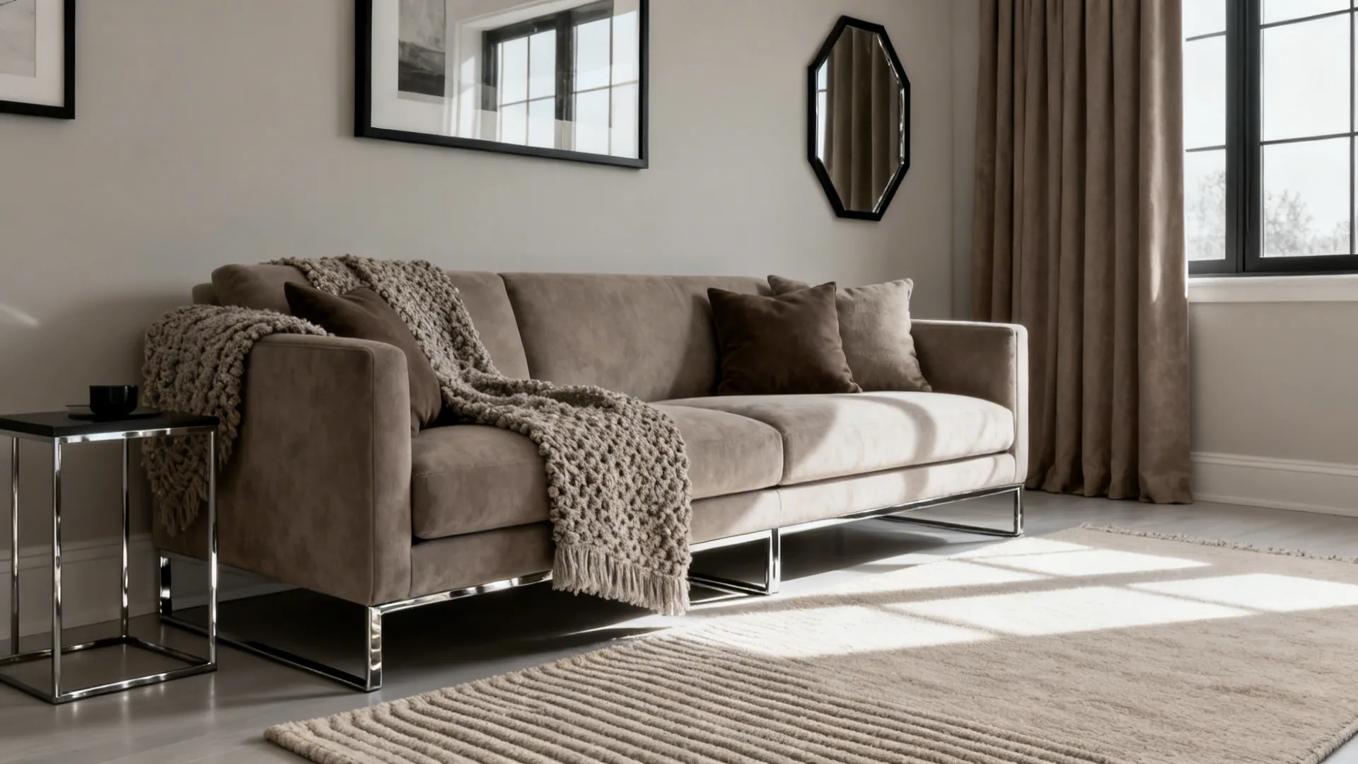 Layered greige living room with taupe sofa, beige rug, and matte black frames creating quiet luxury.