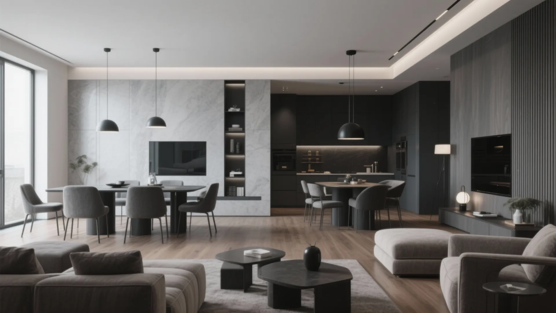 Greyscale modern living-dining space with wood floor