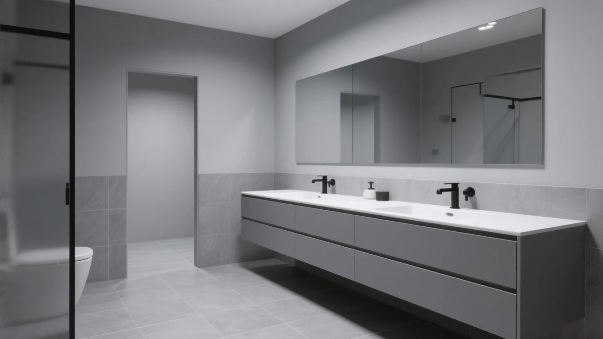 Modern grey bathroom featuring double sink cabinet with black faucets and a large wall mirror