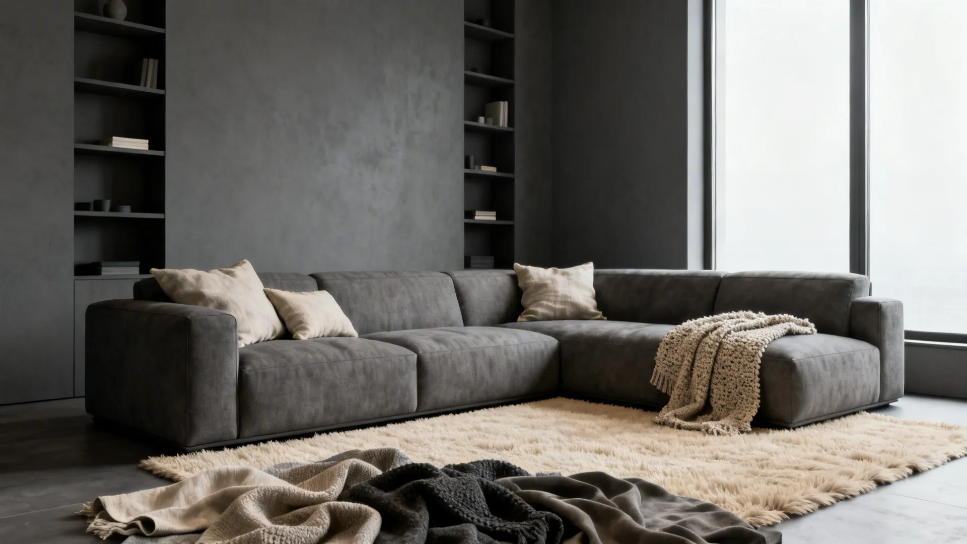Modern living room with varied grey tones and beige rugs and cushions creating a cozy, monochrome look.