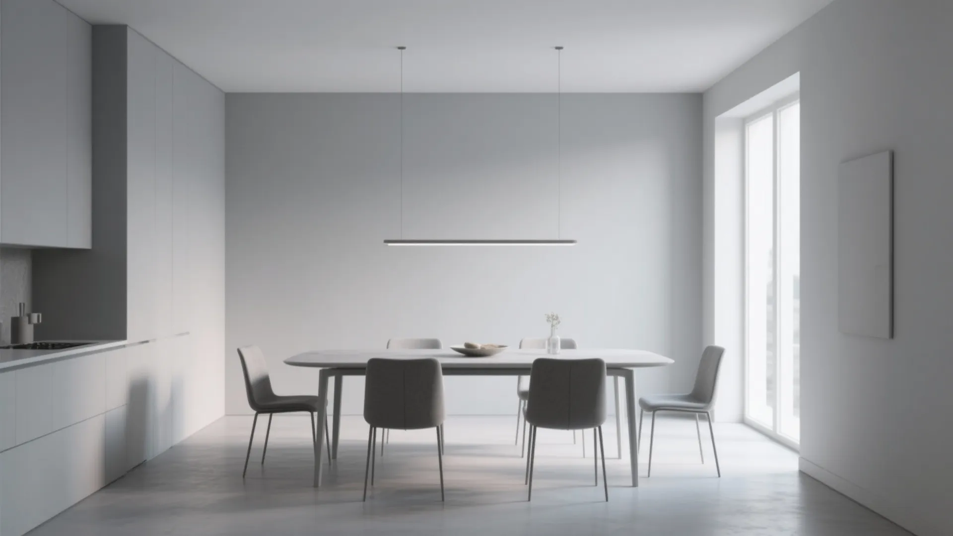 Modern grey dining room featuring white table slim chairs long light fixture and large glass windows
