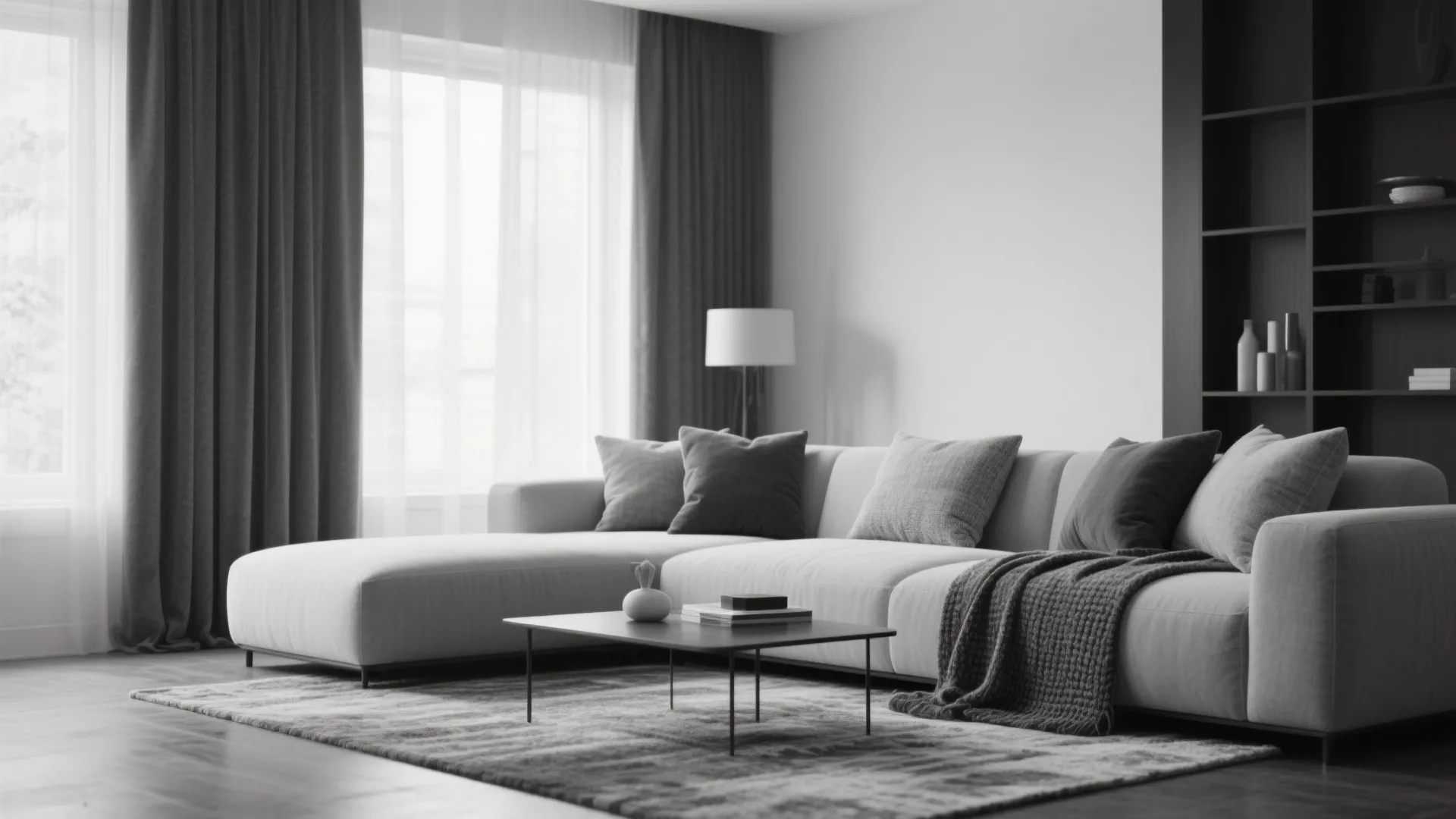 Living room in monochrome greys with layered soft furnishings