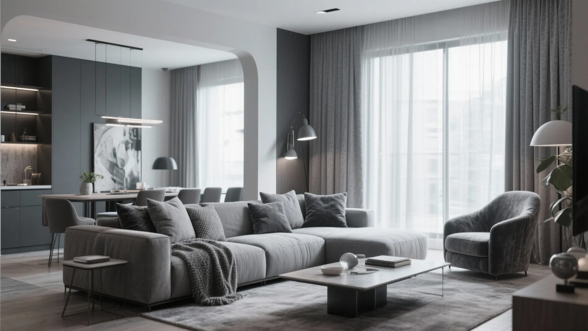 Layered grey shades in modern living room with textures
