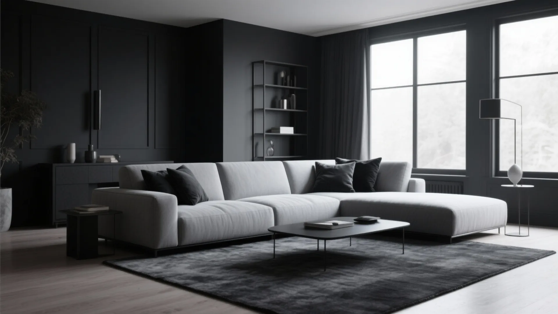 Monochrome living room with grey sofa and charcoal accents