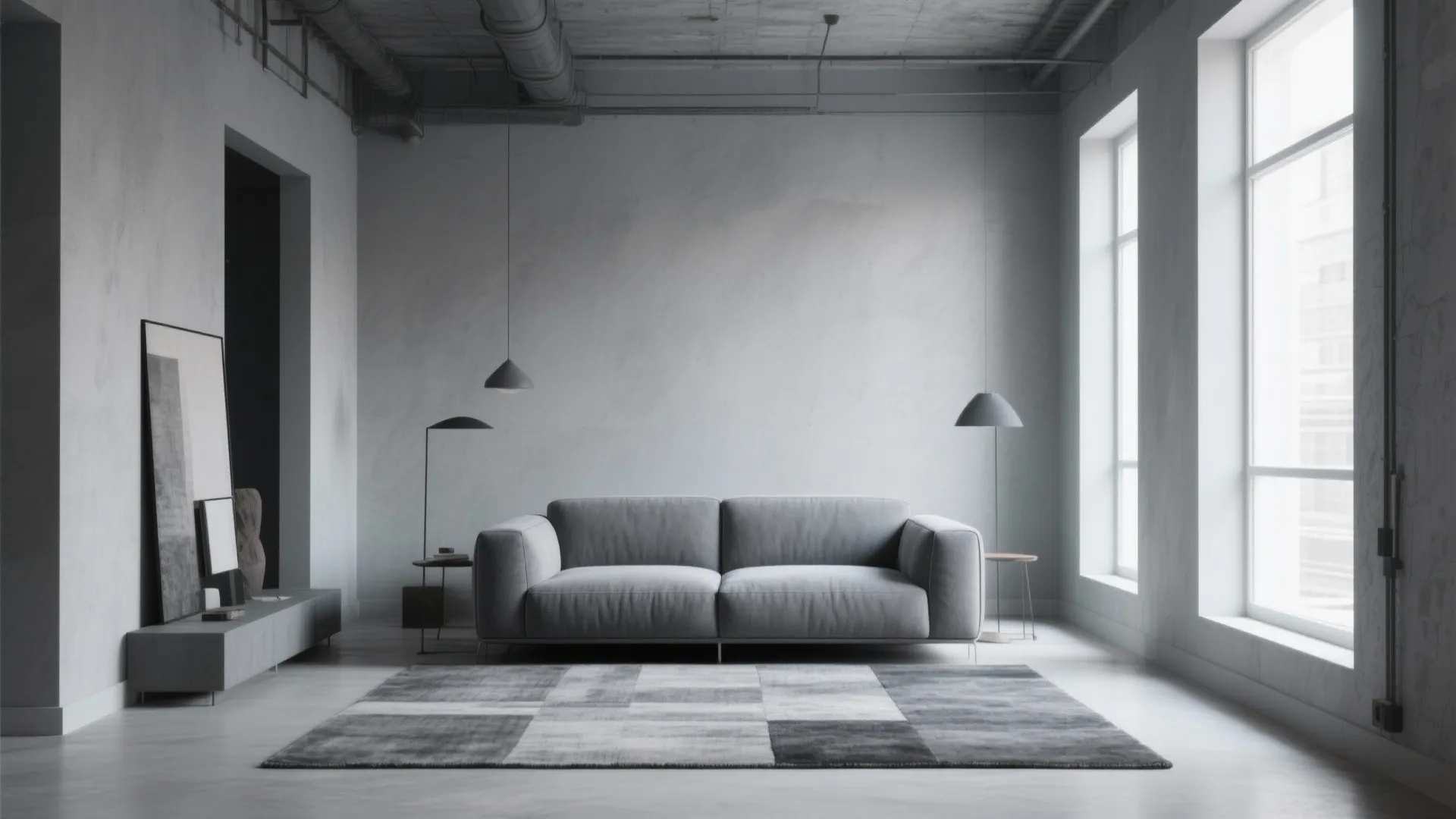 Modern grey living room with a comfortable sofa matching rug and simple black ceiling lights