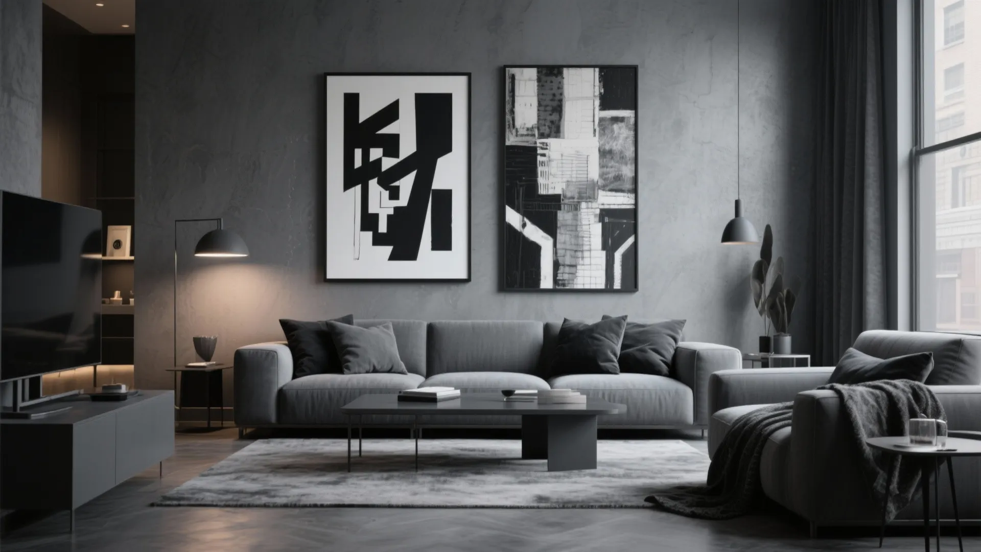 Modern grey living room featuring a sofa black and white wall art and floor lamps