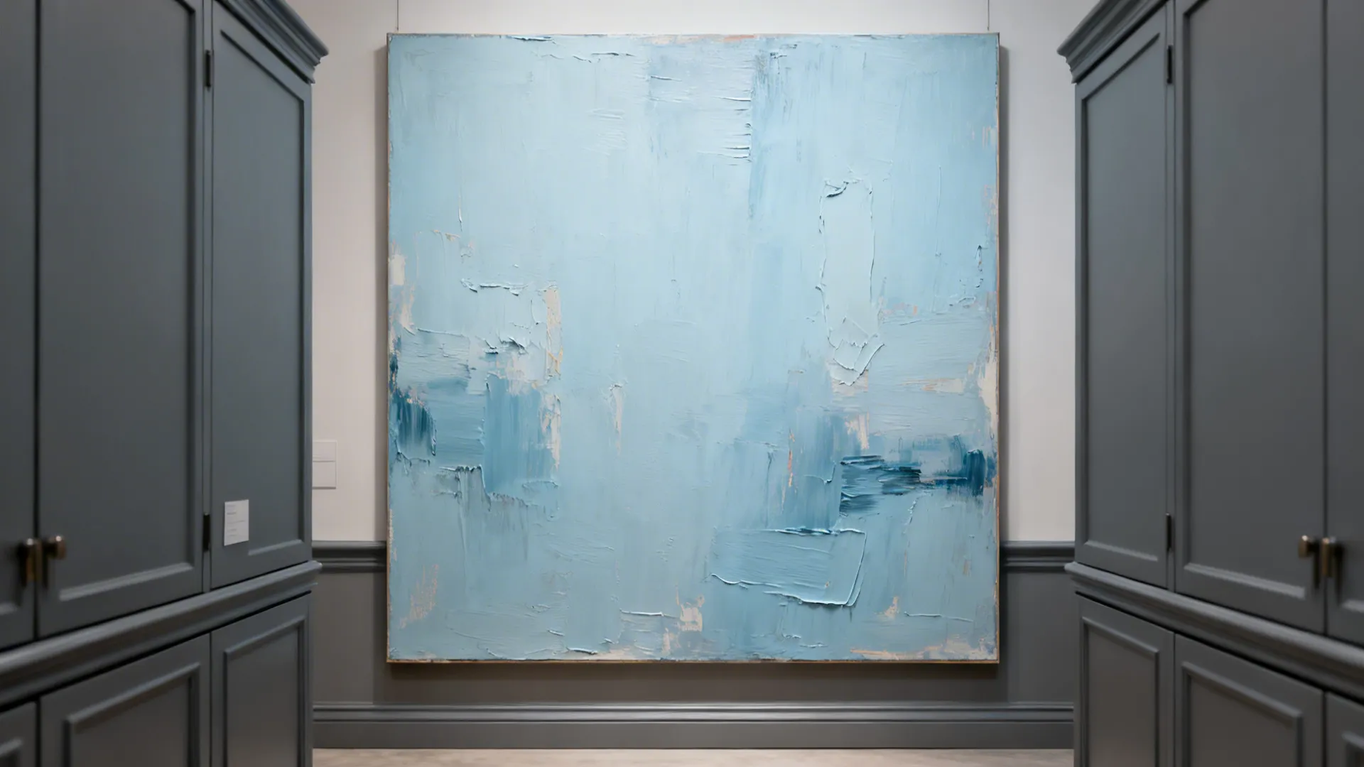 Large light blue textured painting hanging on a wall between two dark grey storage cabinets